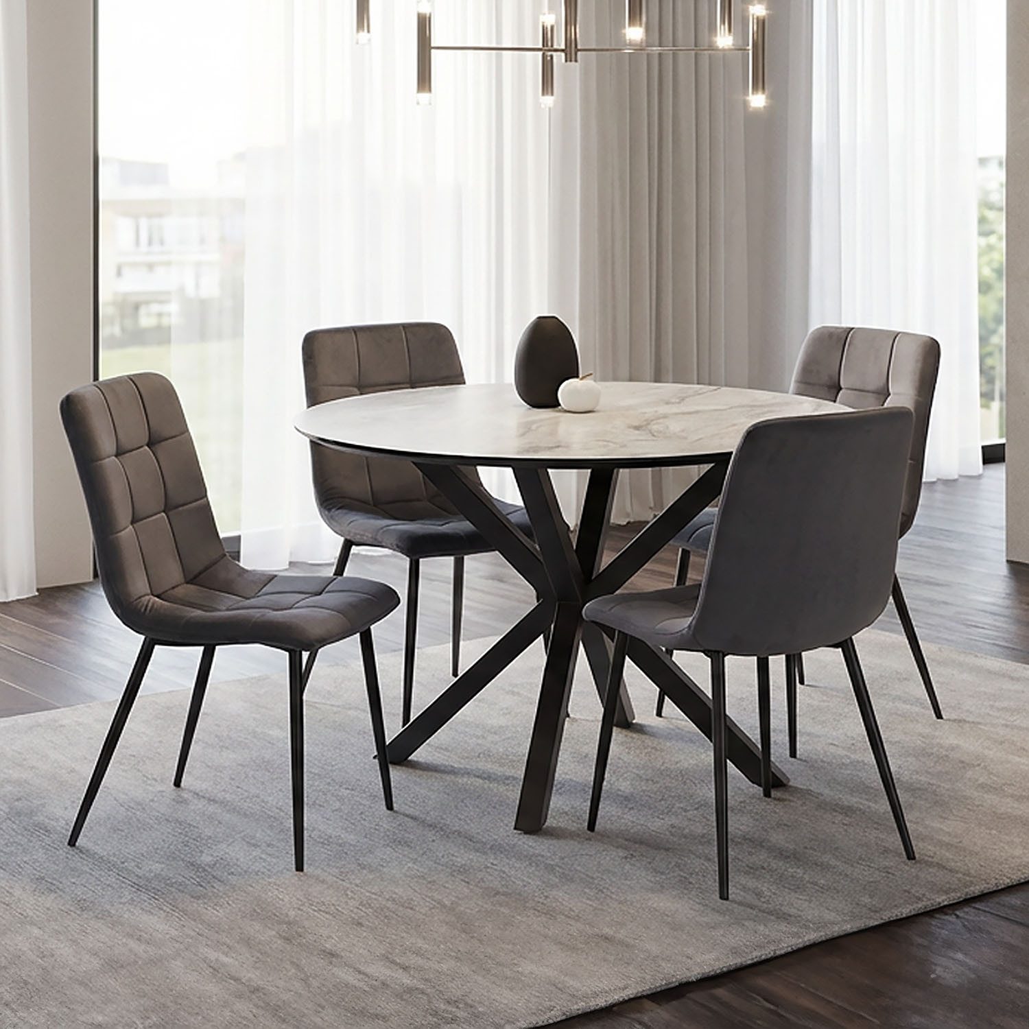 Homestyle4u Essgruppe rund Esstisch mit 2 Stühle 4 Stühle Ø110 Samt Grau Metallgestell Stein, (5-tlg), 5-teilig, kratzfest, mspritzwasserfest, Tisch mit Essstuhl