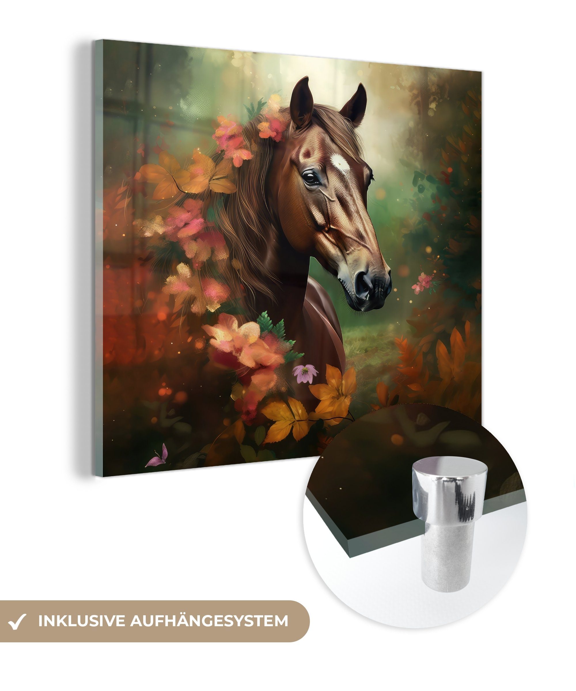 MuchoWow Acrylglasbild Pferd - Blumen - Natur - Tiere - Wald - Orange, (1 St), Glasbilder - Bilder auf Glas Wandbild - Foto auf Glas - Wanddekoration