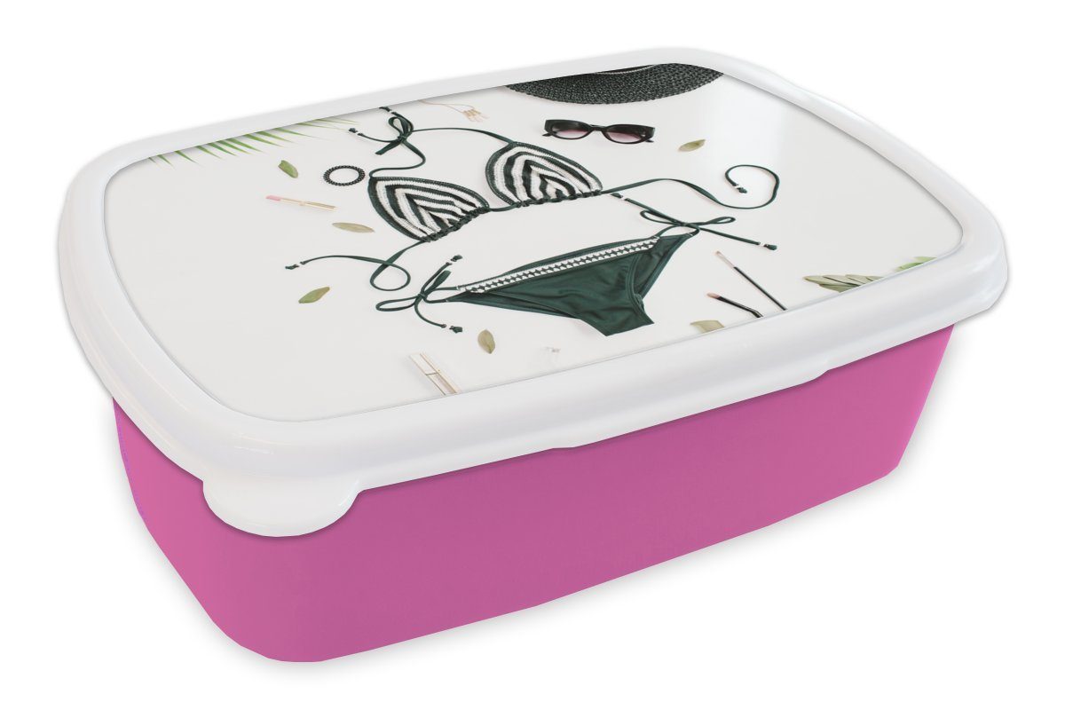 Brotdose Erwachsene, Bikini (2-tlg), - MuchoWow rosa Schwarz Kunststoff, Kunststoff Brotbox Lunchbox Hut, Kinder, Mädchen, - Snackbox, für