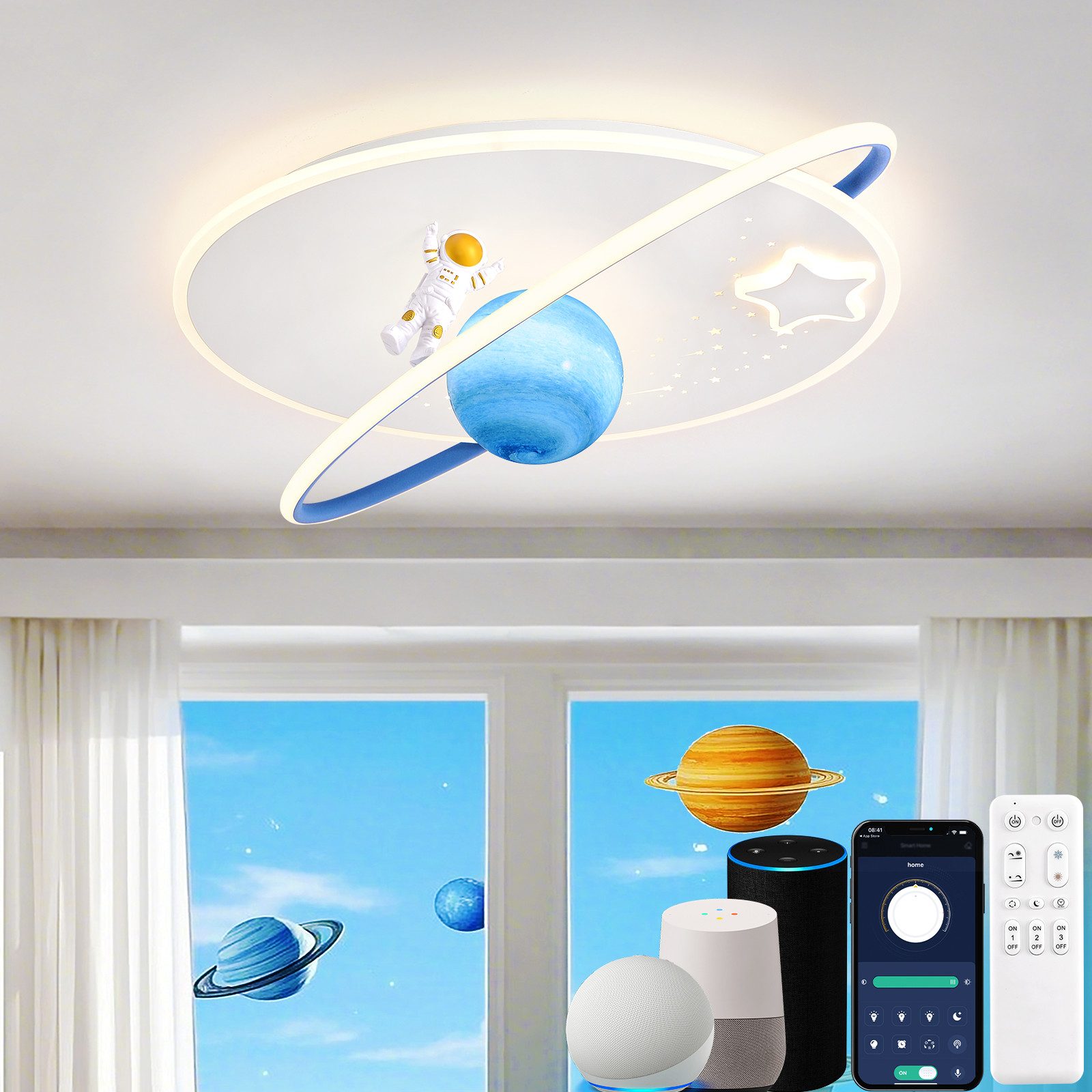 RRBEST Deckenleuchte LED Kinder Deckenlampe, Modernes Design Mond Astronaut Deckenleuchte, Dimmbar mit Fernbedienung Jungen und Mädchen Kinderzimmer Lampen