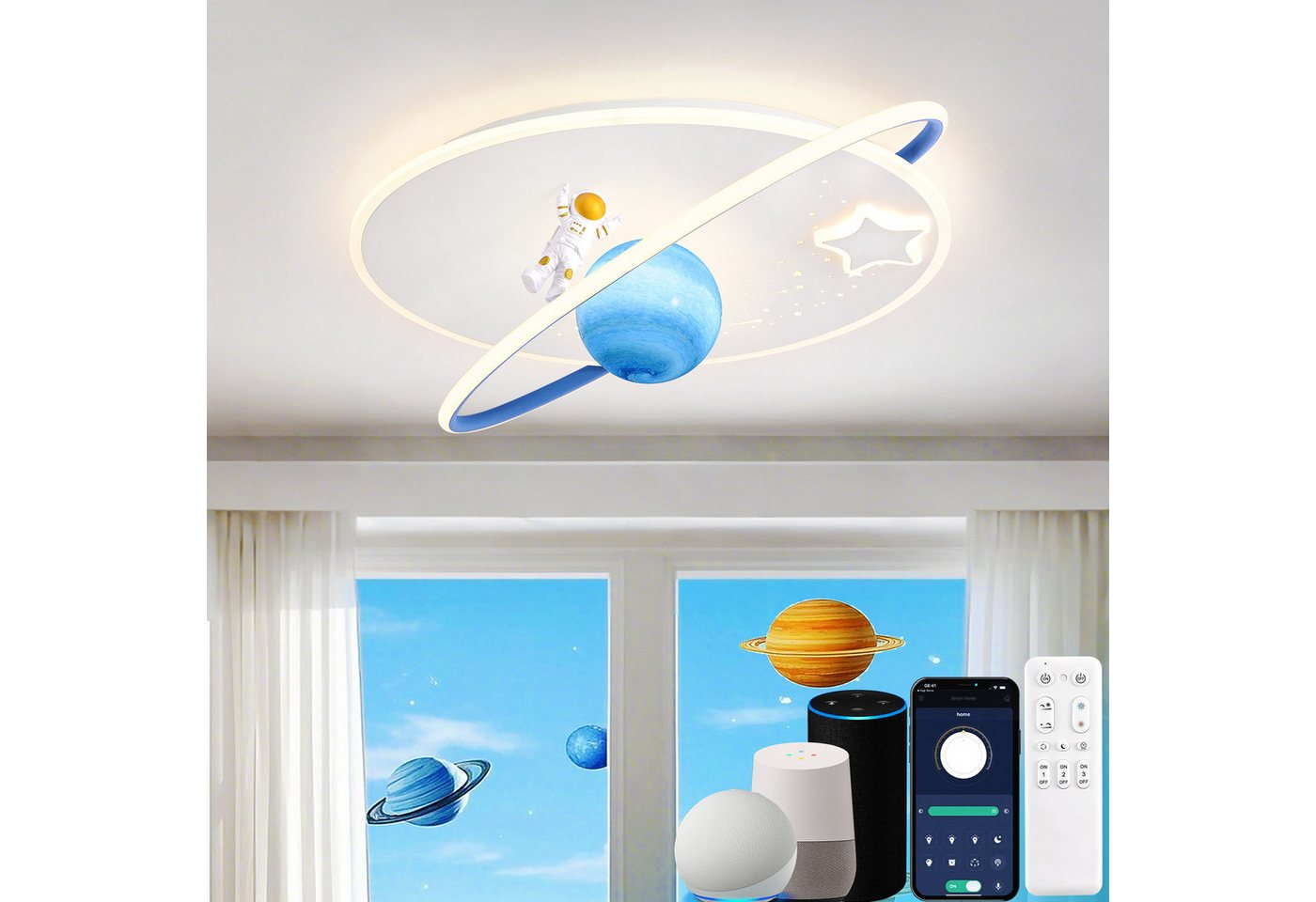 RRBEST Deckenleuchte LED Kinder Deckenlampe, Modernes Design Mond Astronaut Deckenleuchte, Dimmbar mit Fernbedienung Jungen und Mädchen Kinderzimmer Lampen