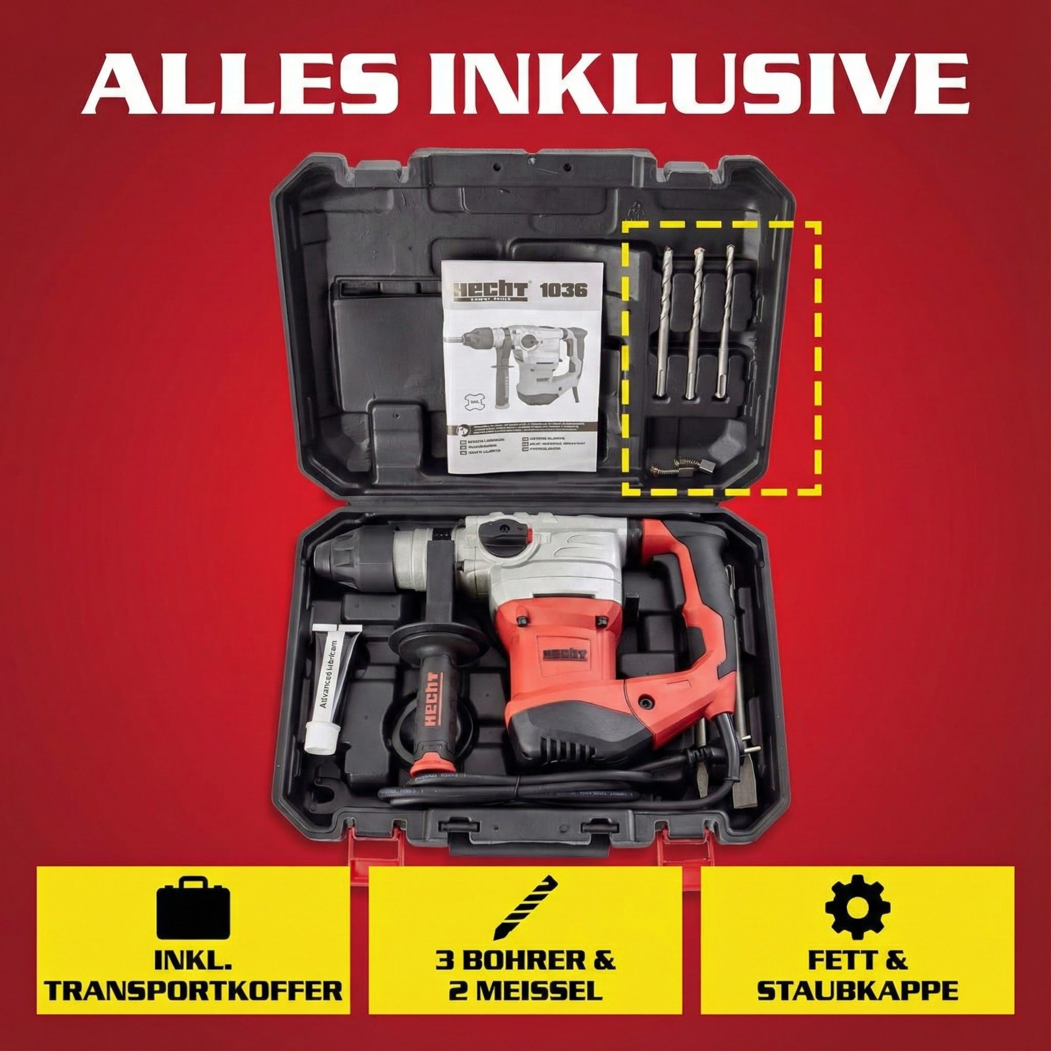 Hecht Bohrhammer mit Kabel 1500W SDS-Plus 4250 U/min, 230 V, max. 860 U/min, mit Koffer – Bild 5 von 5