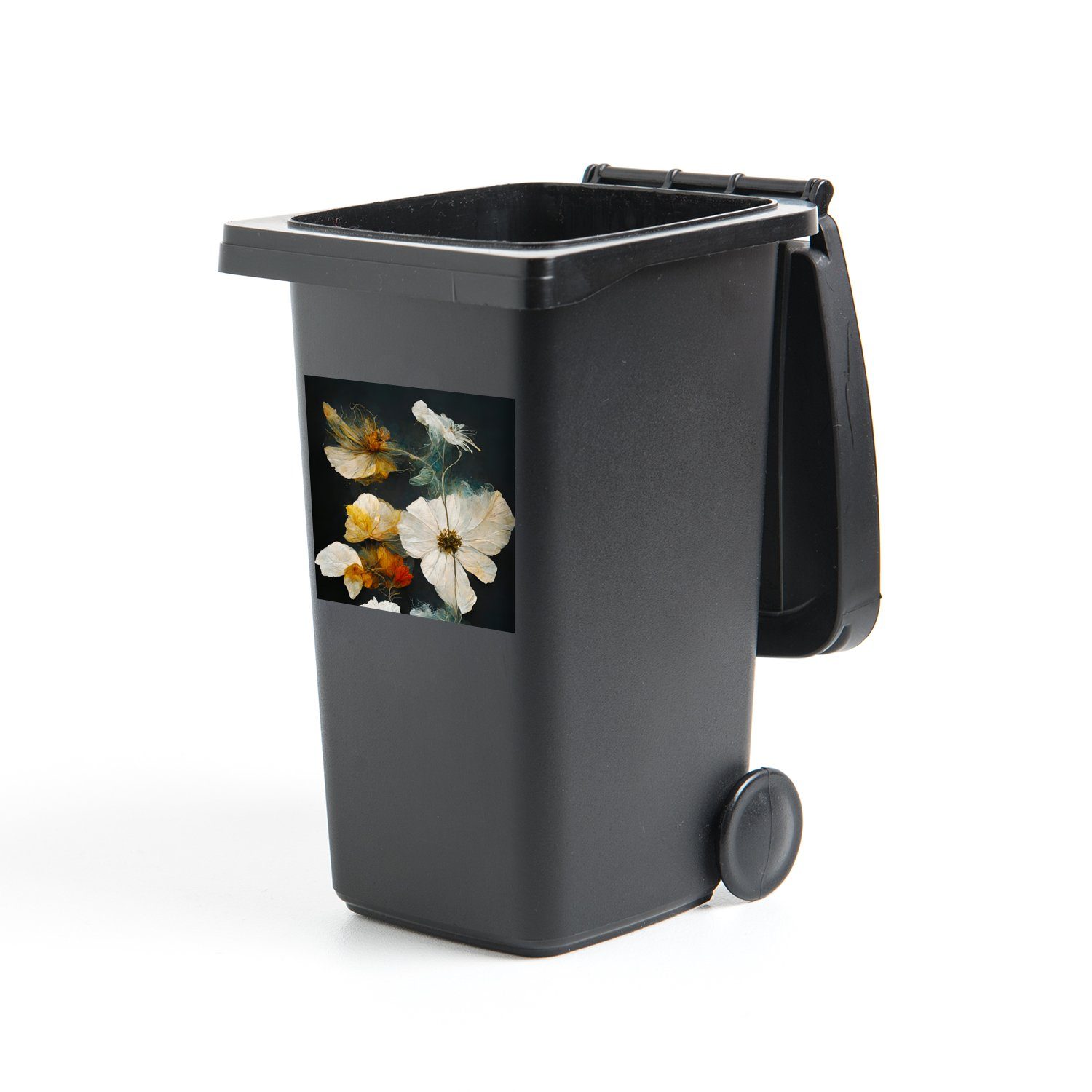 MuchoWow Wandsticker Blumen - Pflanzen Mülleimer-aufkleber, - (1 Sticker, St), Weiß Mülltonne, Abfalbehälter Schwarz Container, 