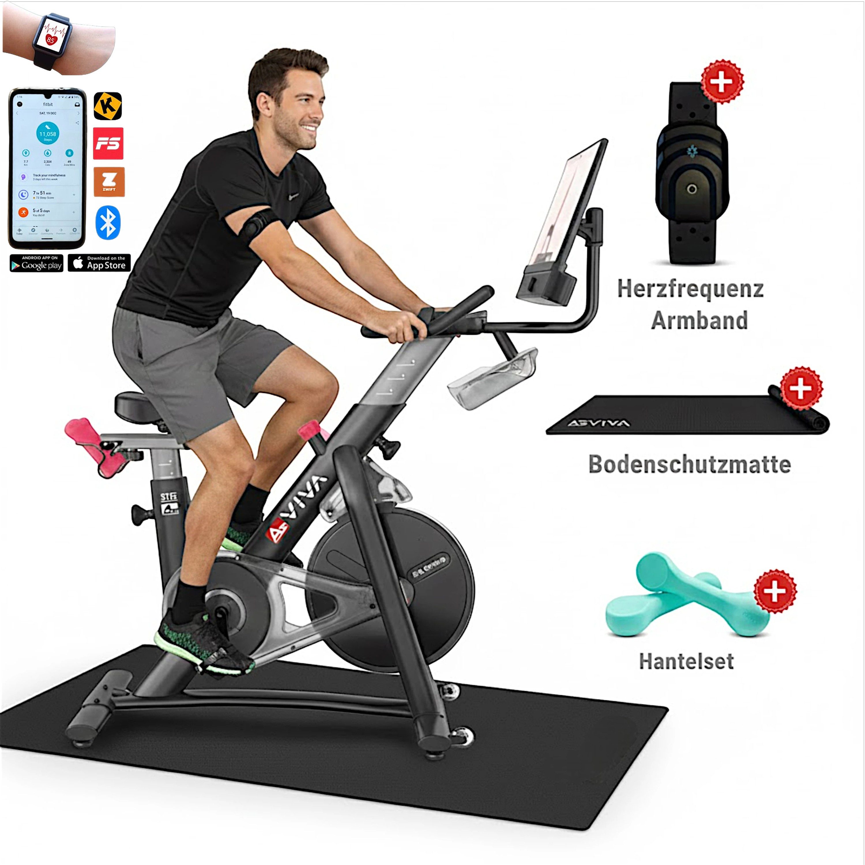 AsVIVA Speedbike S11S Smart Fitnessbike (Fitnessbike inkl. Hantelset, Pulsuhrarmband, Fitnessmatte), 21,5″ Full-HD Display, 100 Widerstandsstufen, Bluetooth-App