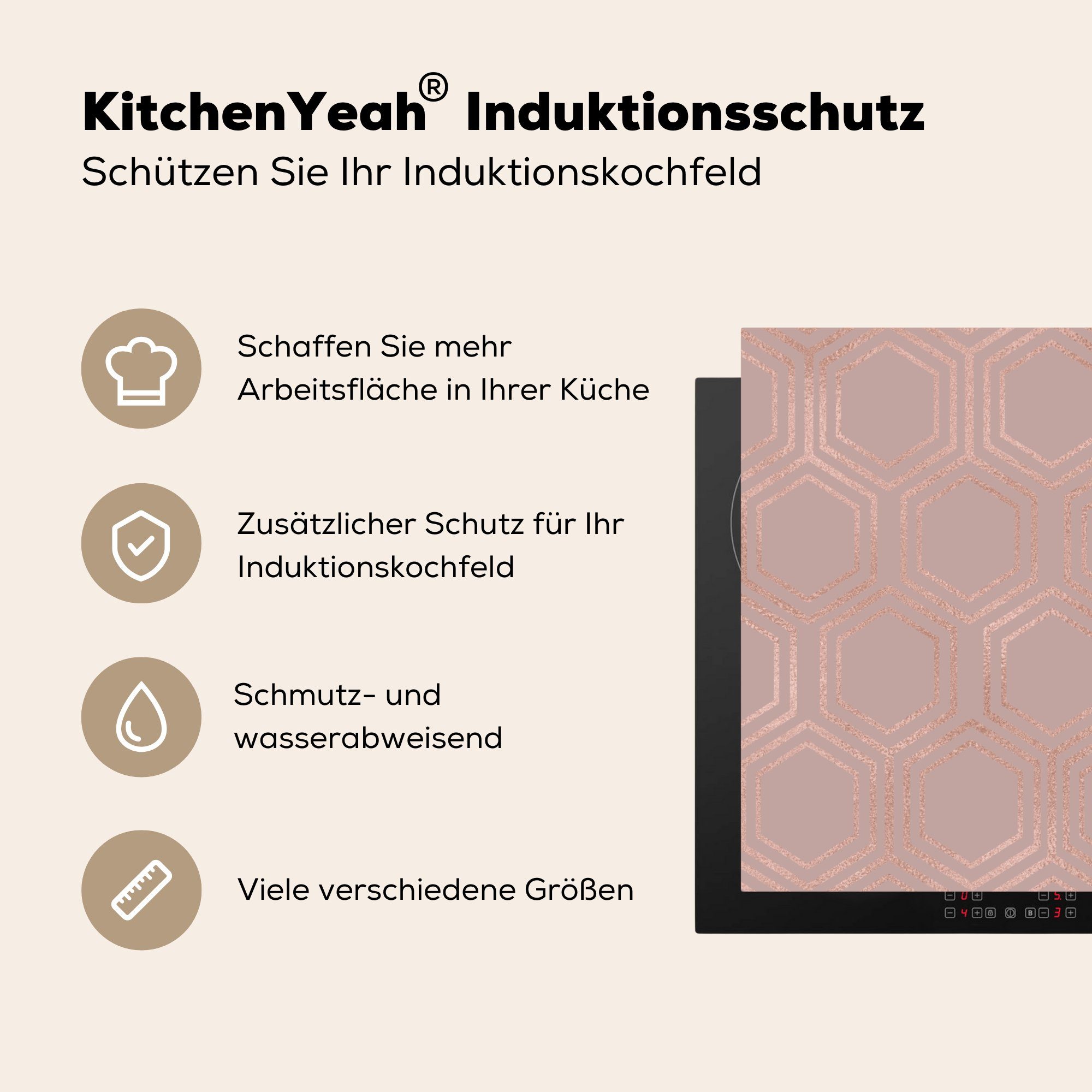 Ceranfeldabdeckung, Sechseck Arbeitsplatte küche Rosa, Vinyl, Herdblende-/Abdeckplatte (1 - MuchoWow - cm, für Muster tlg), 78x78