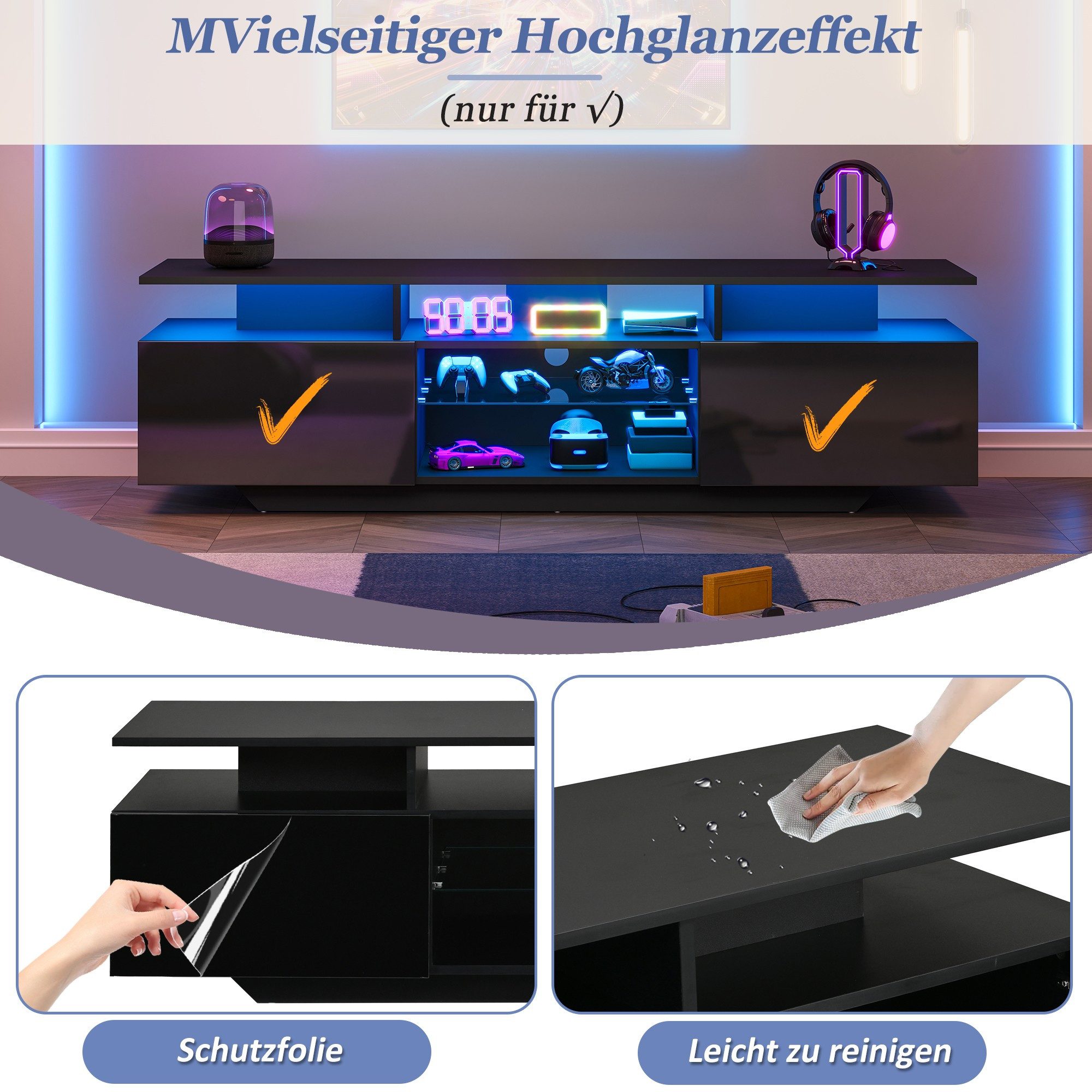 BlingBin TV-Schrank TV-Lowboard 160 cm mit LED, Glasfächern und 2 Türen (TV-Ständer, 1-St., 160 x 40 x 45cm) Fernsehschrank mit 8 Ablageflächen, für 70-Zoll-Fernseher,Schwarz