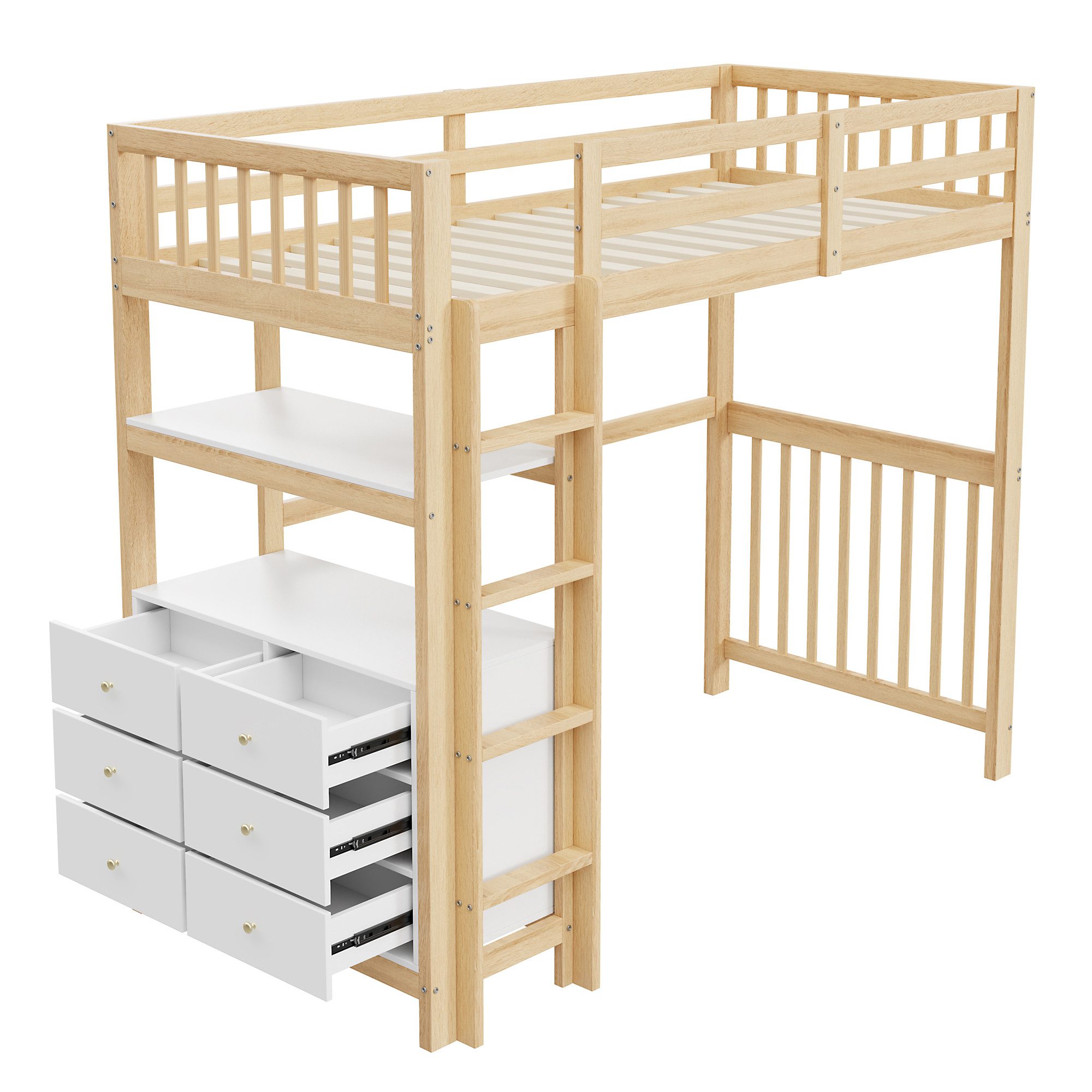 Yorbay Hochbett mit Schubladen und Regalen 90x200 cm hohes Zaundesign, Lattenrost, Kiefernholz