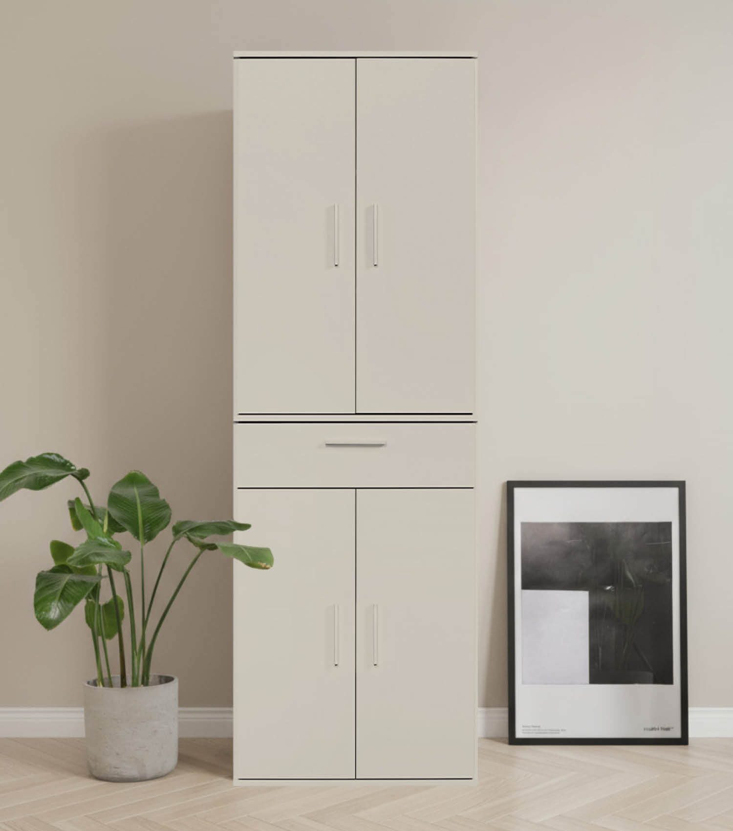 mokebo Mehrzweckschrank Der Praktische (60x180 cm, mit Schublade) Büroschrank, Flurschrank Apothekerschrank, Aktenschrank in Beige Grau