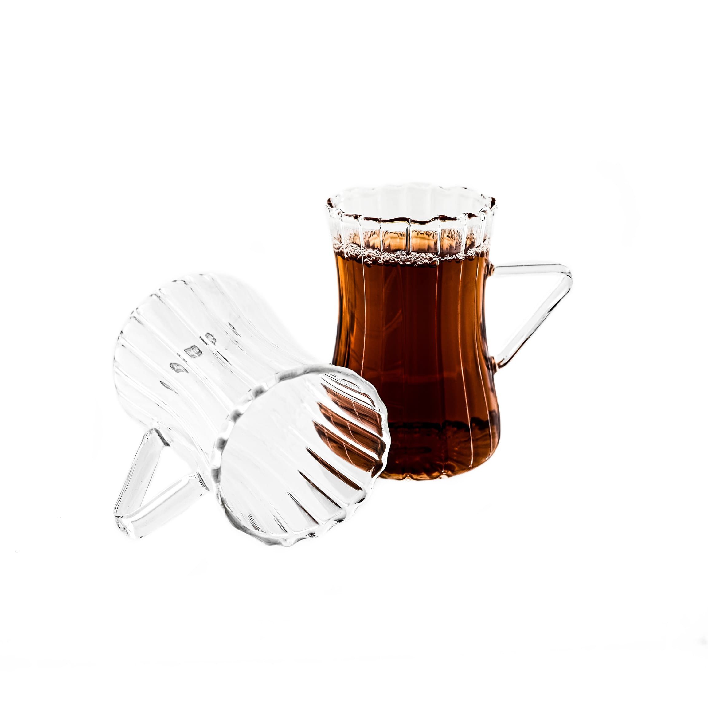 Mulex Teeglas 6-tlg mit Henkel aus Borosilikatglas, 200 ml, Riffle-Design