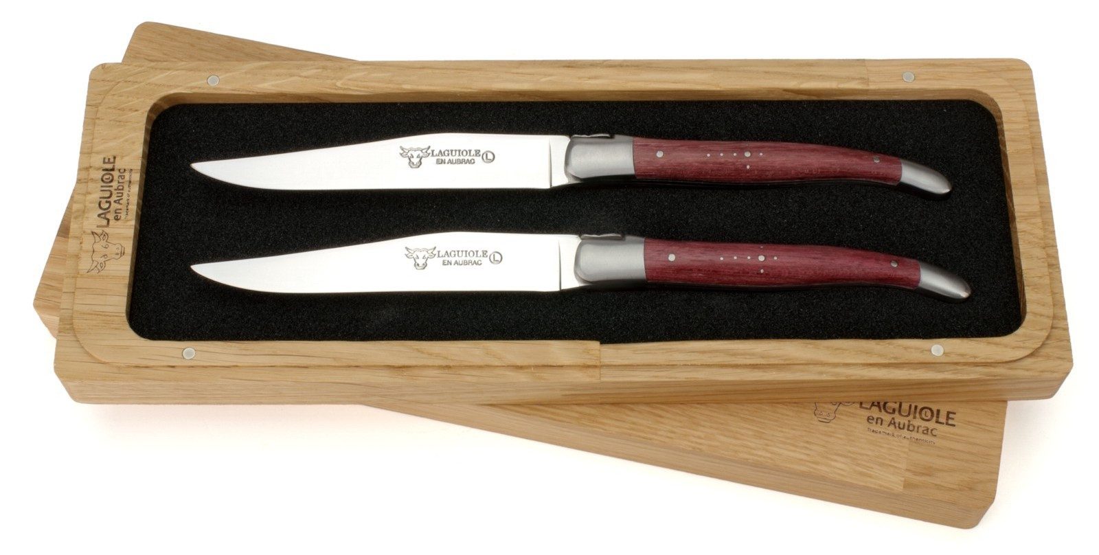 Laguiole en Aubrac Steakmesser 22C99ATIH 2er Set - Griff Amaranth - Backen matt - Klinge glänzend - Holzbox
