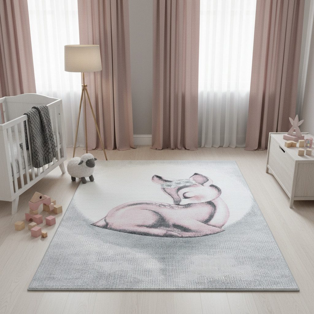 KADIMA DESIGN Kinderteppich COGNE Spielteppich Kinderzimmer Waschbar Strapazierfähig, Rechteckig, Höhe: 12 mm, 120x170 cm, Fußbodenheizung Kurzflorteppich Reh Polypropylen Waschbar