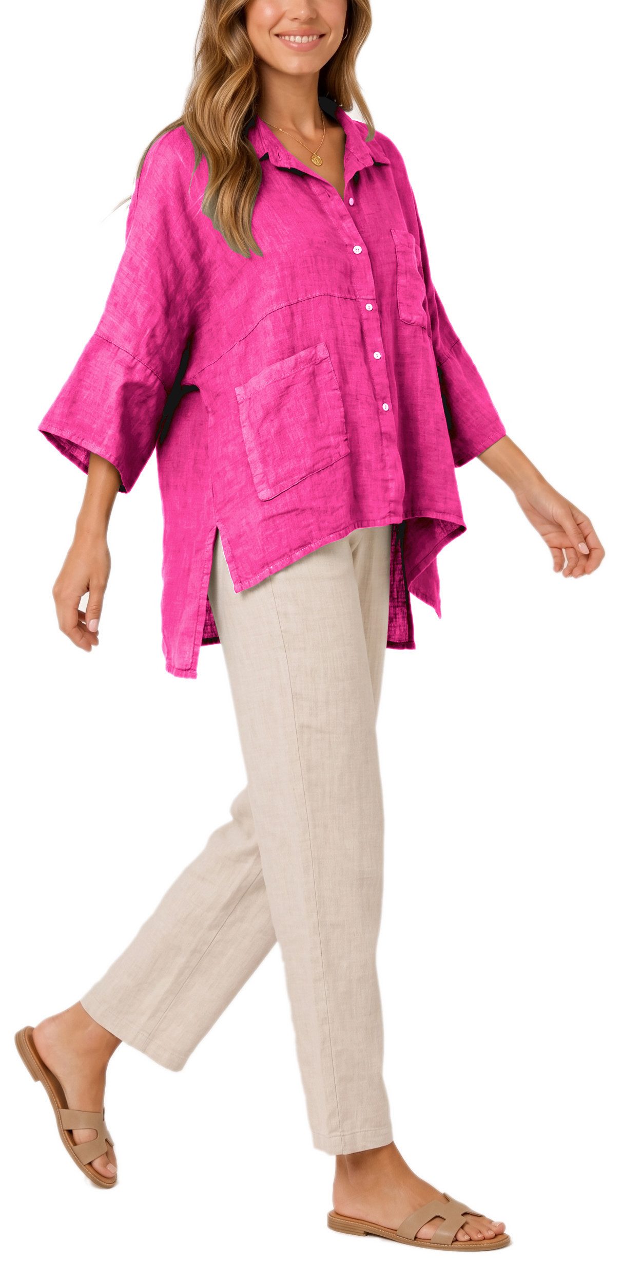 dy_mode Hemdbluse Damen Leinenbluse Oversize Hemdbluse Kurzarm Tunika Vokuhila in Unifarben, Oversized Optik, Vokuhila-Schnitt