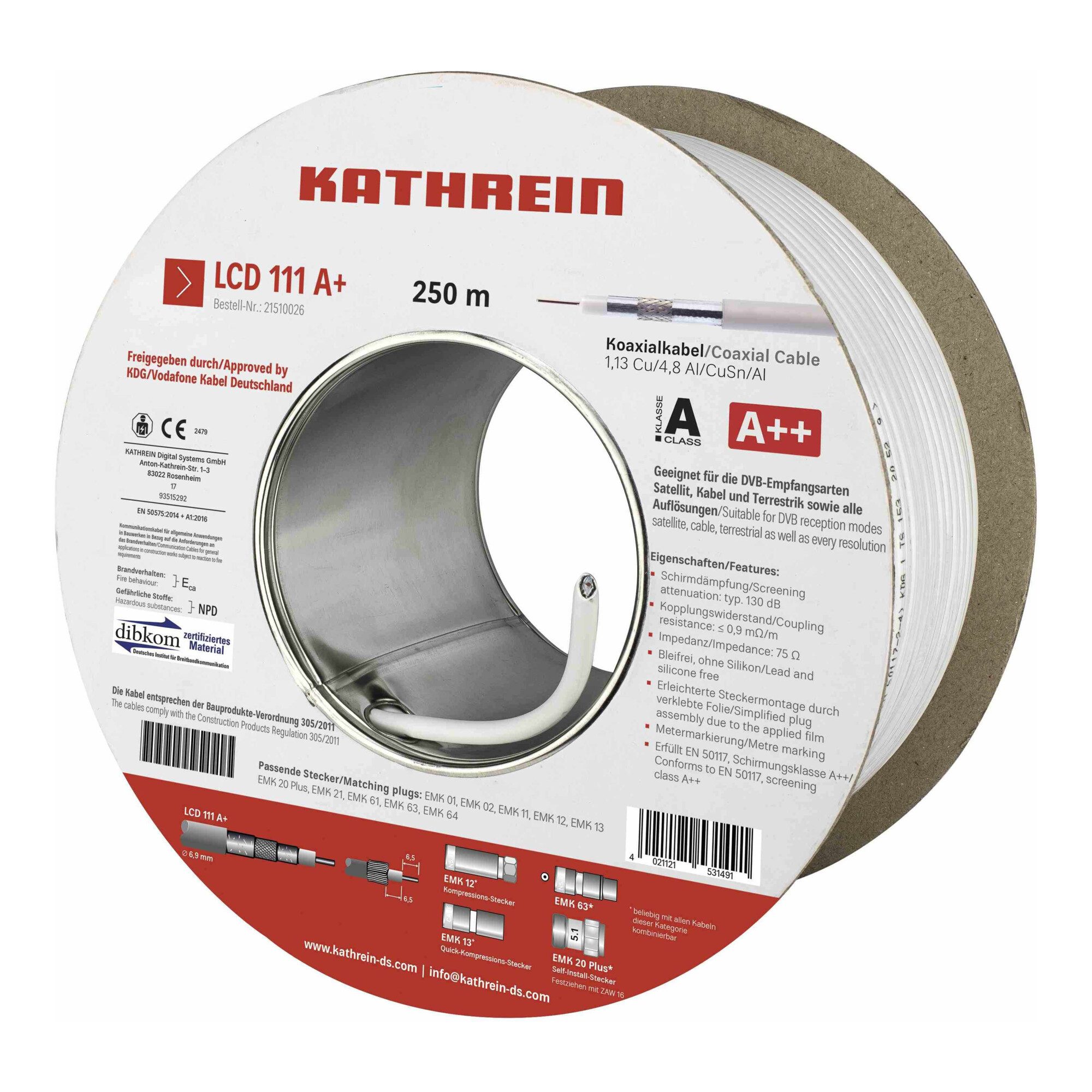 Kathrein Kathrein Koaxialkabel 130 dB, A++ LCD 111 A+/250m Eca 250 Stk SAT-Kabel