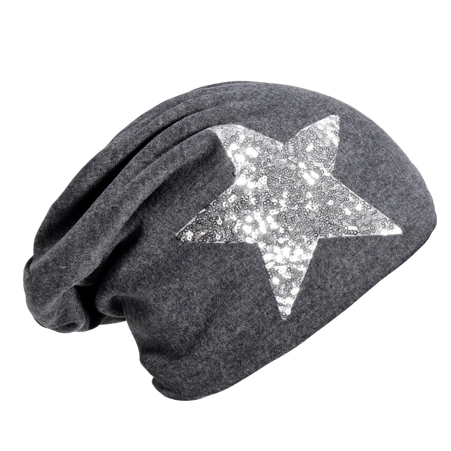 DonDon Beanie Damen Slouch mit Stern Teddyfleece Strass- grau mit Wintermütze, 1-St) Sternenprint, großem (Packung, Print Pailletten-, Beanie oder mit