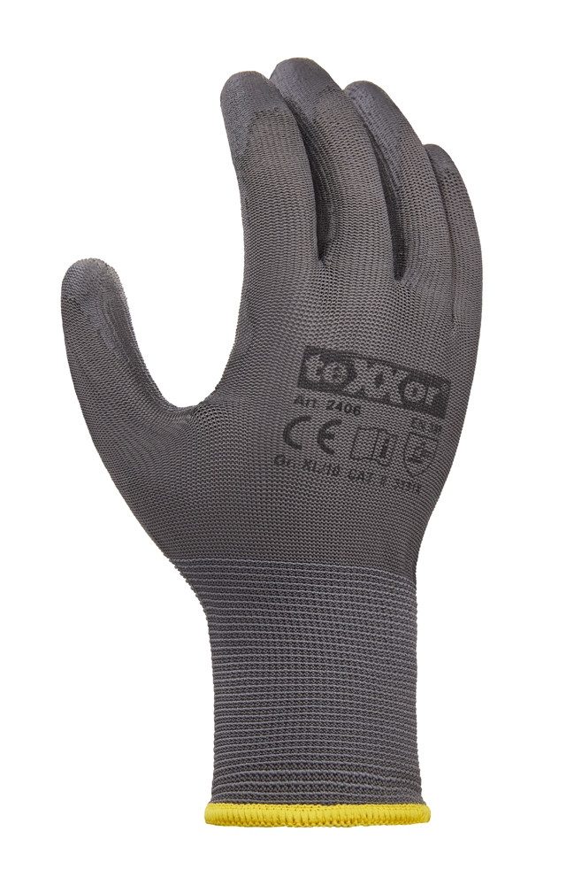 teXXor Strickhandschuhe Polyester-Strickhandschuhe PU beschichtet grau 2406 (Packung, 12-St., VPE= 12-240 Paar, Gr6-11) hohe Fingerfertigkeit/ Strickbund