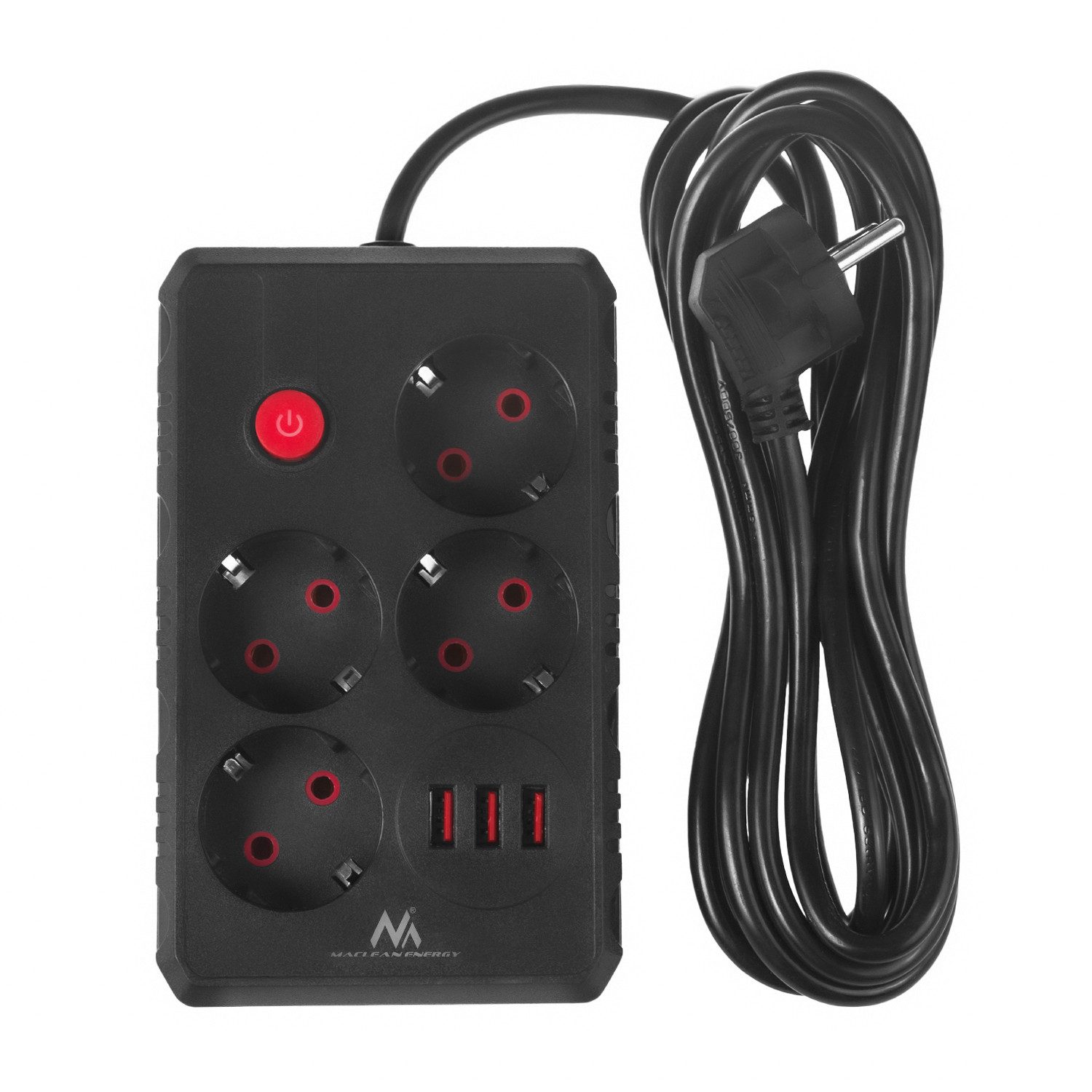 Maclean 4 Steckdosen 2500W 3xUSB Mehrfachsteckdose 4-fach (Kabellänge 3 m), 110-240V AC 50/60Hz, 2.1A