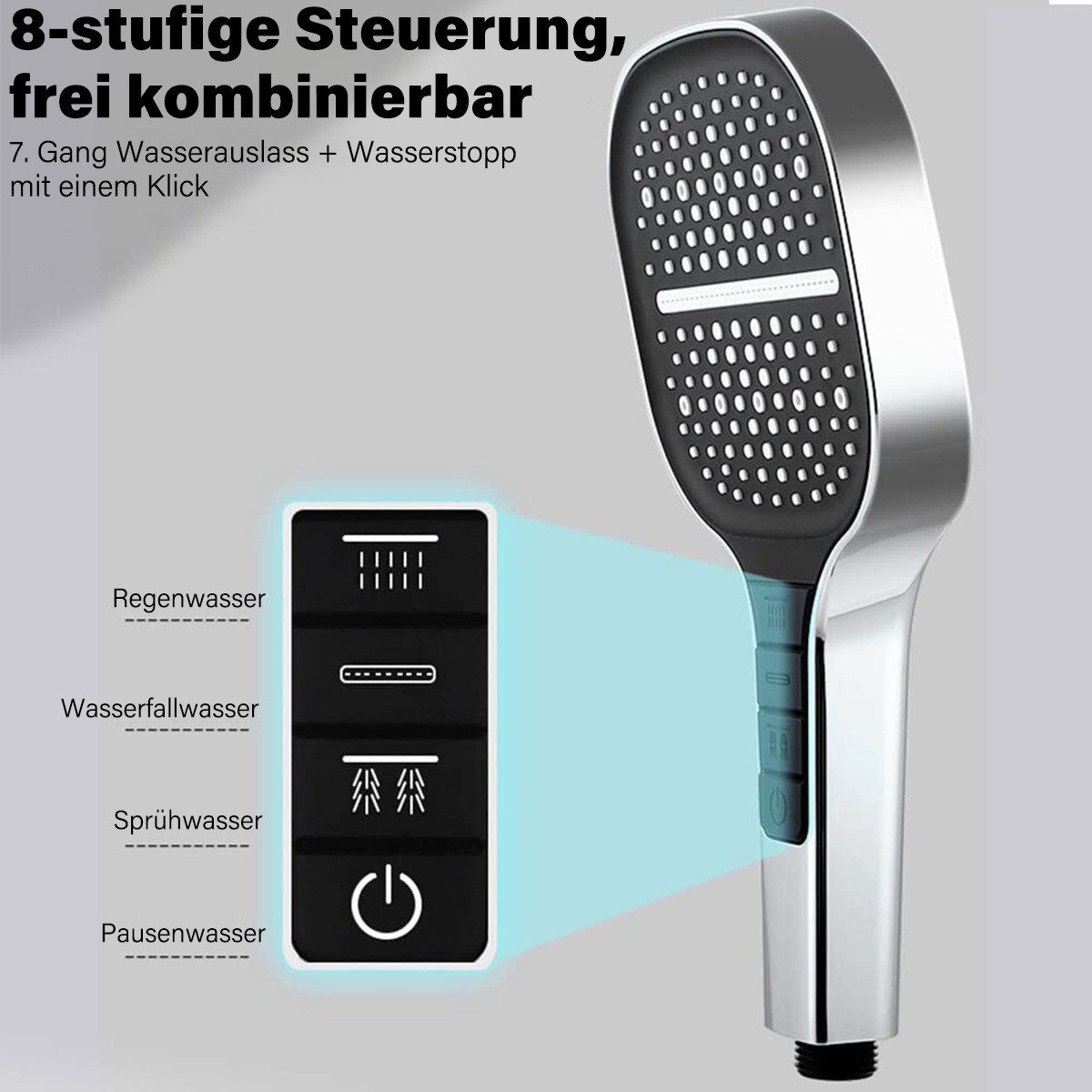 MOPUEA Handbrause Duschkopf Sparduschkopf Wassersparender Mit 8 Strahlarten Universal, (Handbrause mit innovativem 3+1-Tasten-Design und 8 Strahloptionen, Massa – Bild 4 von 5