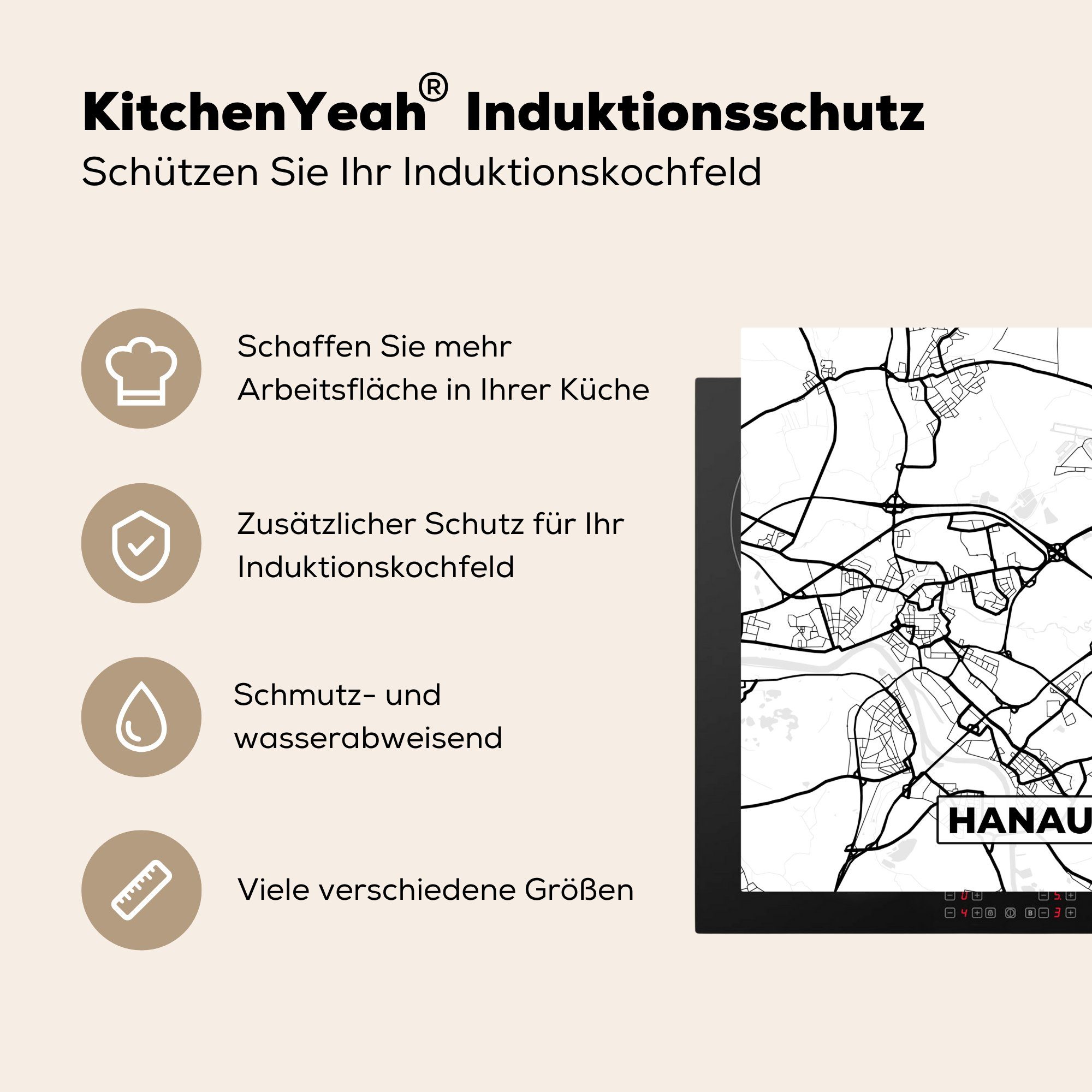 MuchoWow Herdblende-/Abdeckplatte Karte - (1 - 78x78 Arbeitsplatte für Vinyl, Karte, Hanau - küche tlg), cm, Stadtplan Ceranfeldabdeckung