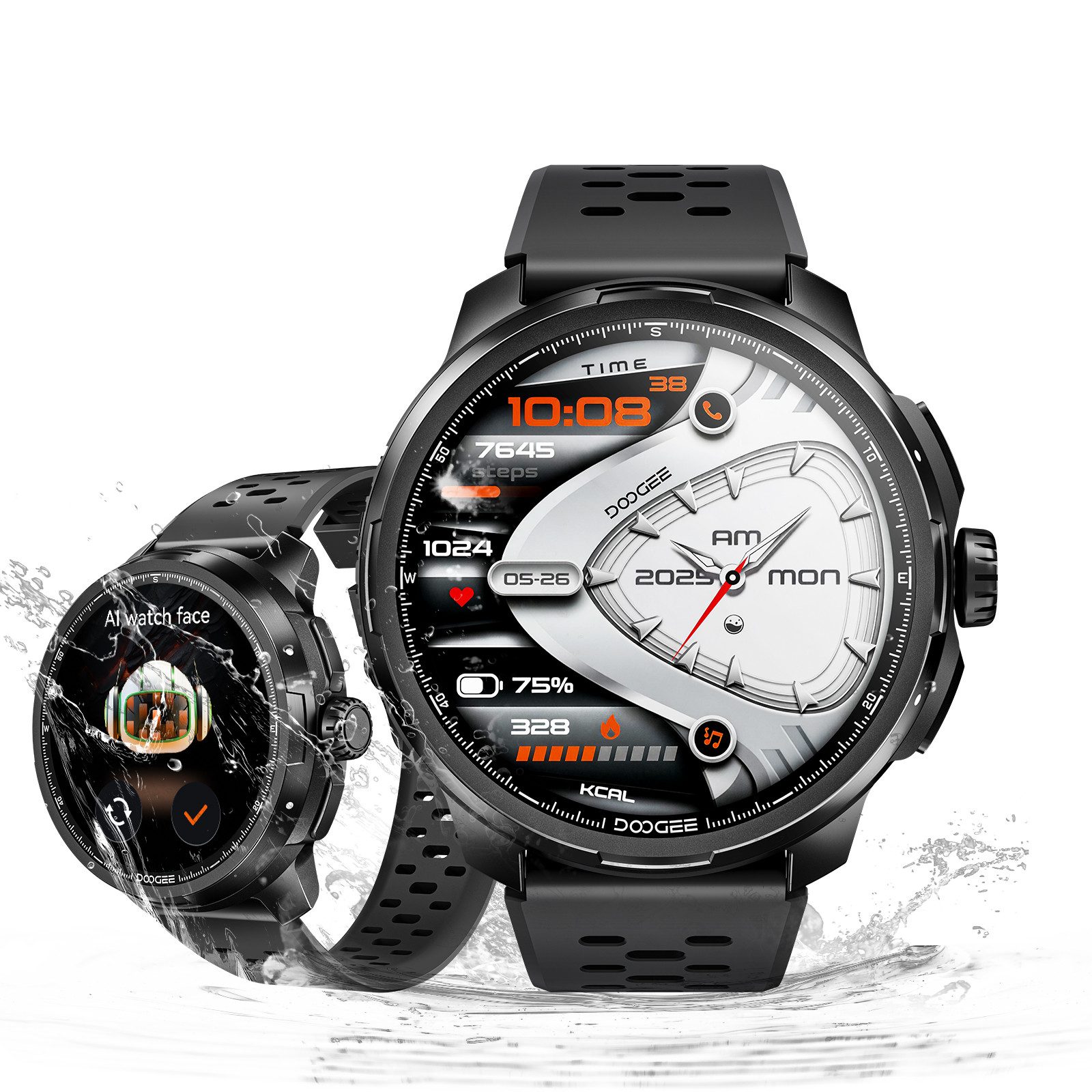 DOOGEE Smartwatch Herren GPS AMOLED Outdoor Fitnessuhr Telefonfunktion IP68 Watch, Bluetooth, GPS-Ortung, SOS, IP68, Aktivität, Videochat, GPS-Ortung, SOS, Videochat, Aktivität, IP68, Bluetooth