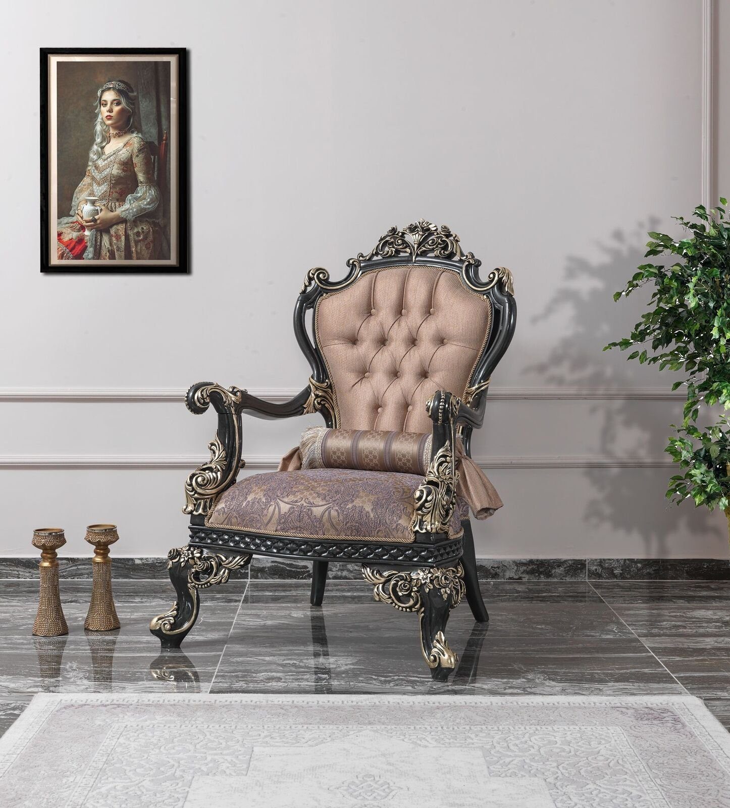 Beige Sessel Sessel), Sitzer JVmoebel (1-St., in Ohrensessel Polyester Made Wohnzimmer Europe Textil Barock Sessel