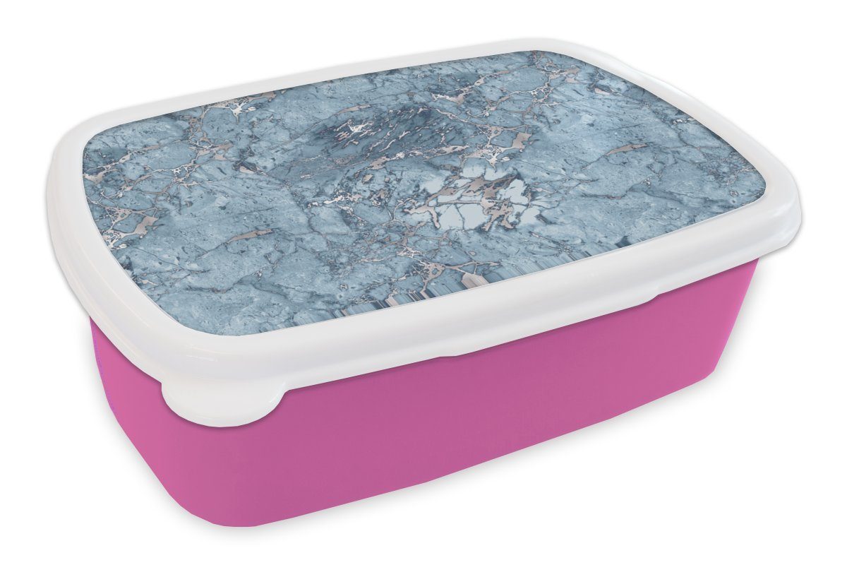 MuchoWow Lunchbox Blau - Silber - Marmor - Muster, Kunststoff, (2-tlg), Brotbox für Erwachsene, Brotdose Kinder, Snackbox, Mädchen, Kunststoff rosa
