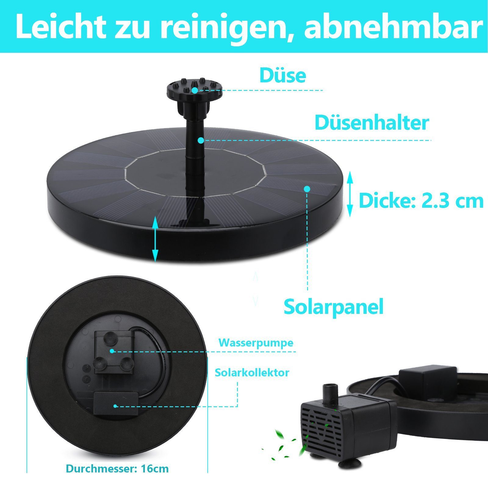 FELIXLEO Teichpumpe Solarpumpe Solar Springbrunnen 1.5 Watt Wasserspiel Teichpumpe Fontäne (1-tlg)