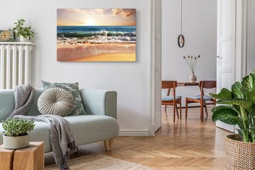 Sinus Art Leinwandbild 120x80cm Wandbild auf Leinwand Meer Strand Wellen Sonnenuntergang Hori, (1 St)