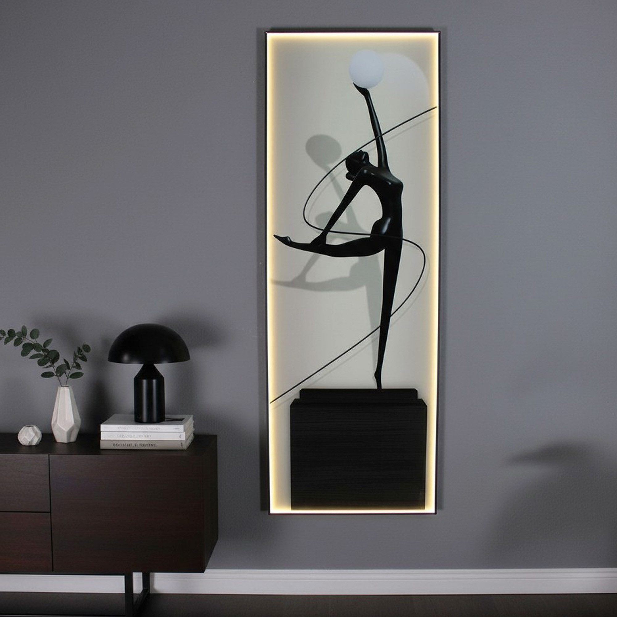 Arnusa Wandbild Glasbild Tänzerin 140 x 50 cm großes Hochformat LED Beleuchtung, Tänzerin, Wanddekoration Wohnzimmerdeko beleuchtet