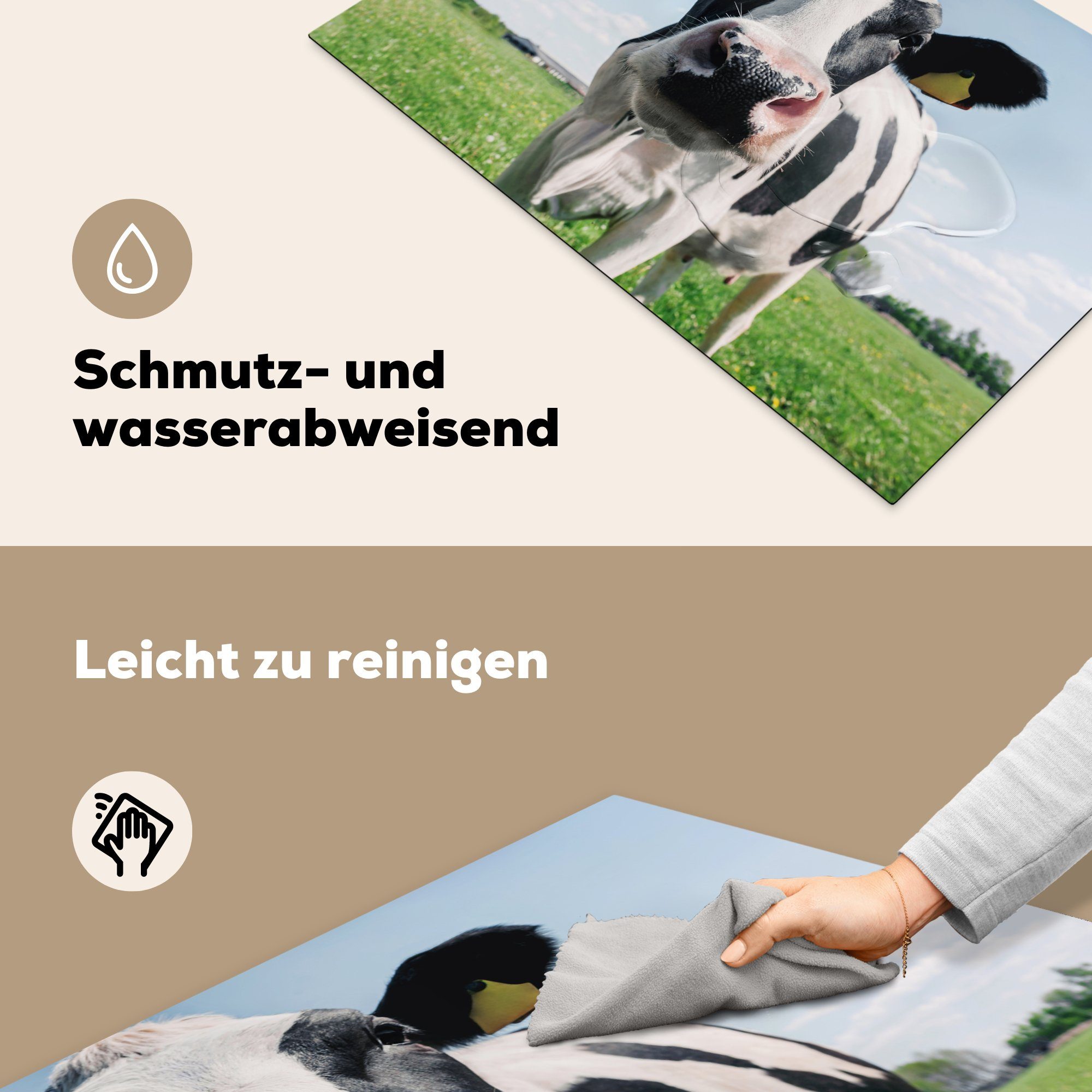 MuchoWow Herdblende-/Abdeckplatte Kuh Wiese 81x52 (1 cm, - Gras, küche, - Vinyl, tlg), für Ceranfeldabdeckung die Tiere - Natur - Schutz Induktionskochfeld