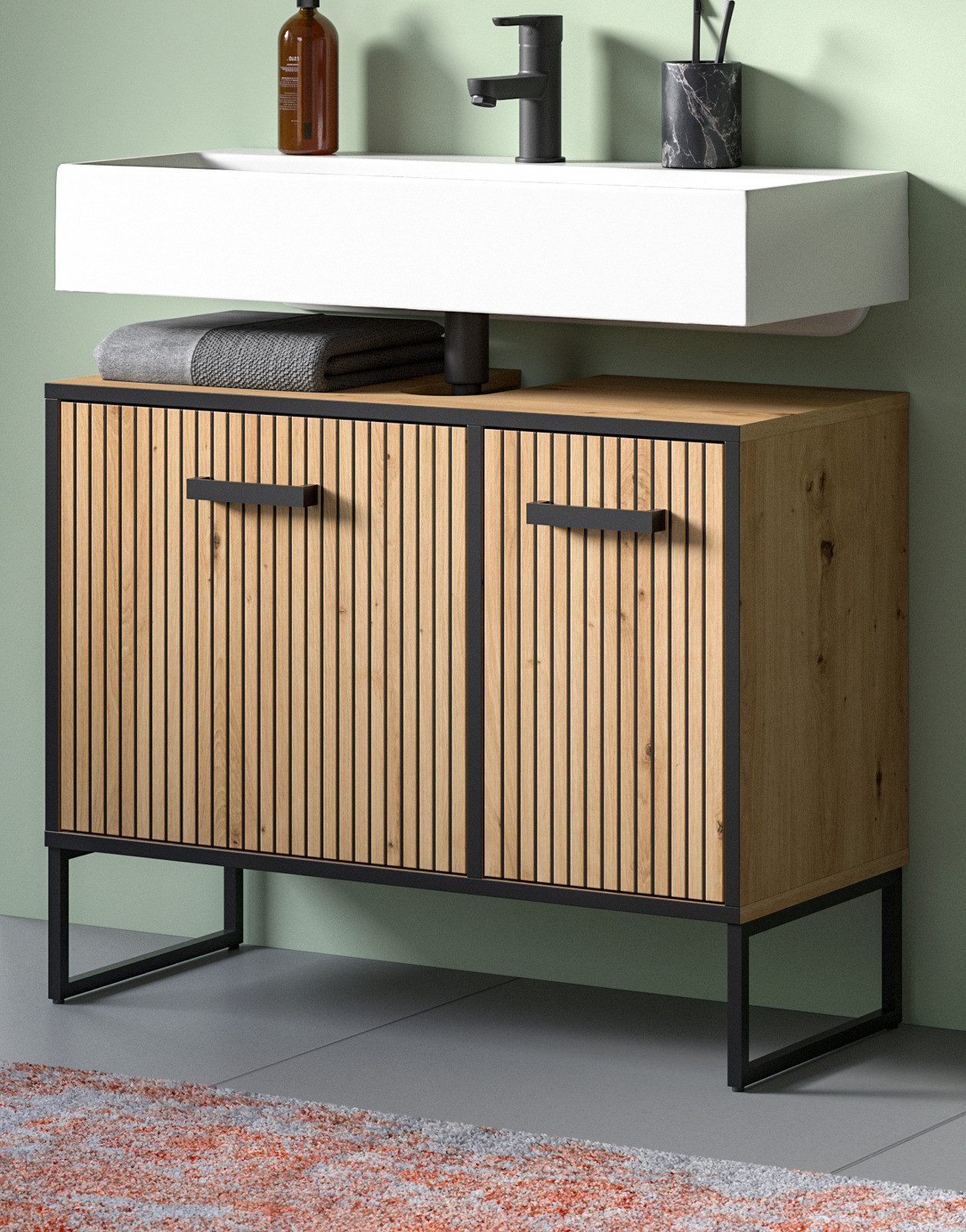 Inn.Furn Waschbeckenunterschrank Scana (Badschrank in Eiche Artisan / Schwarz, 2-türig, 80 x 63 cm) mit Soft-Close Funktion