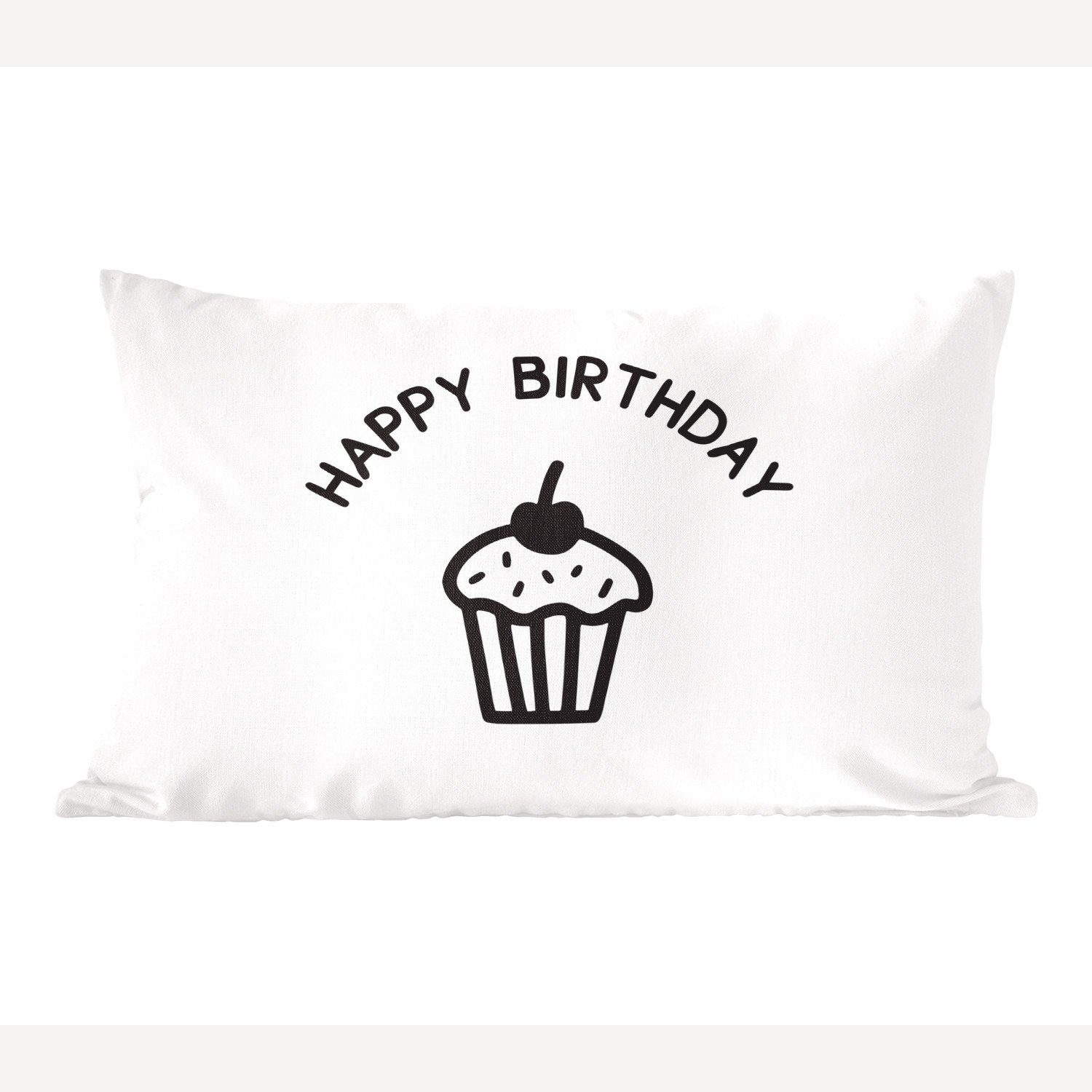 MuchoWow Dekokissen Zitat "Happy Birthday" mit einem Cupcake auf weißem Hintergrund, Wohzimmer Dekoration, Zierkissen, Dekokissen mit Füllung, Schlafzimmer