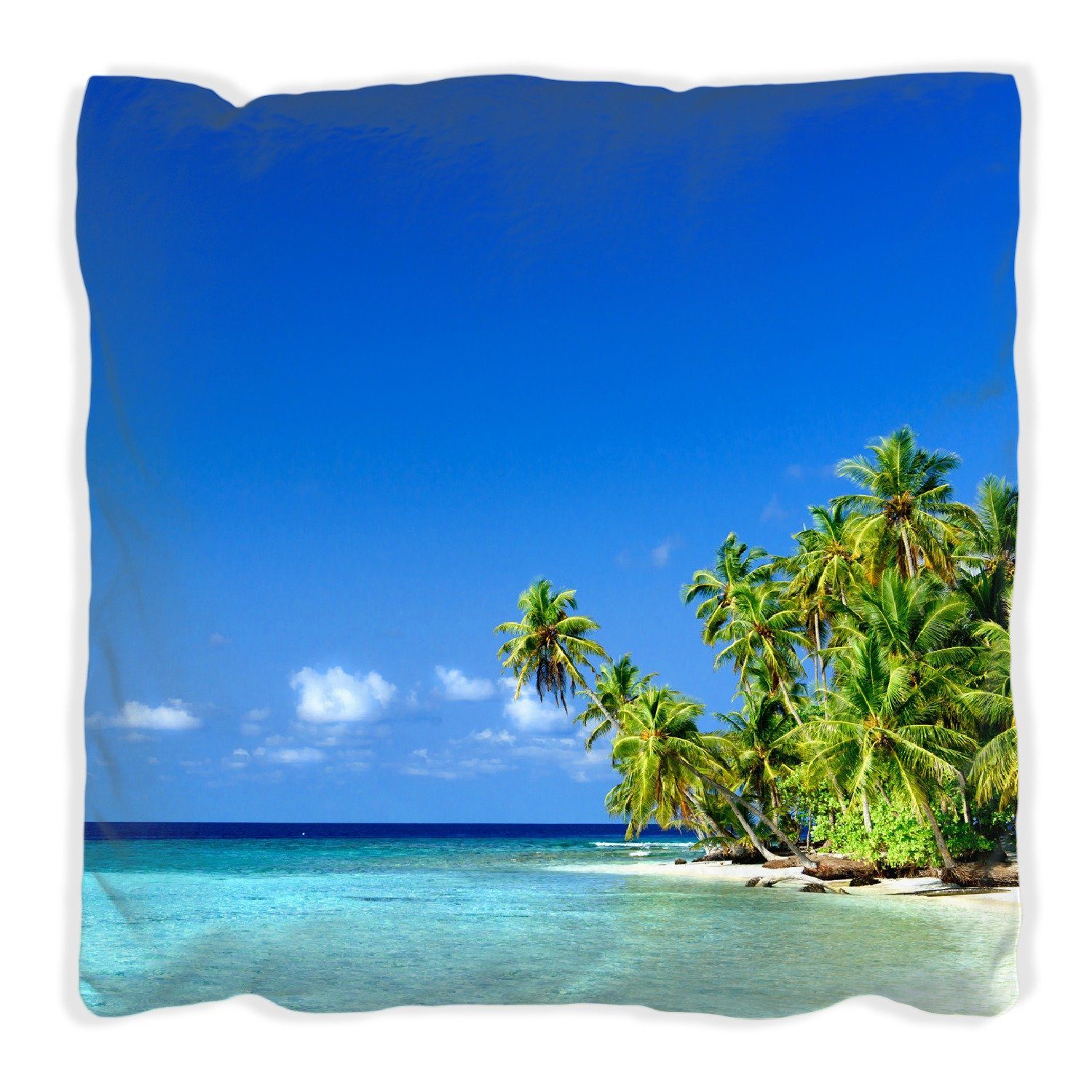 Wallario Dekokissen Blauer tiefblaue Palmen handgenäht Himmel Strand weißer Meer, das und