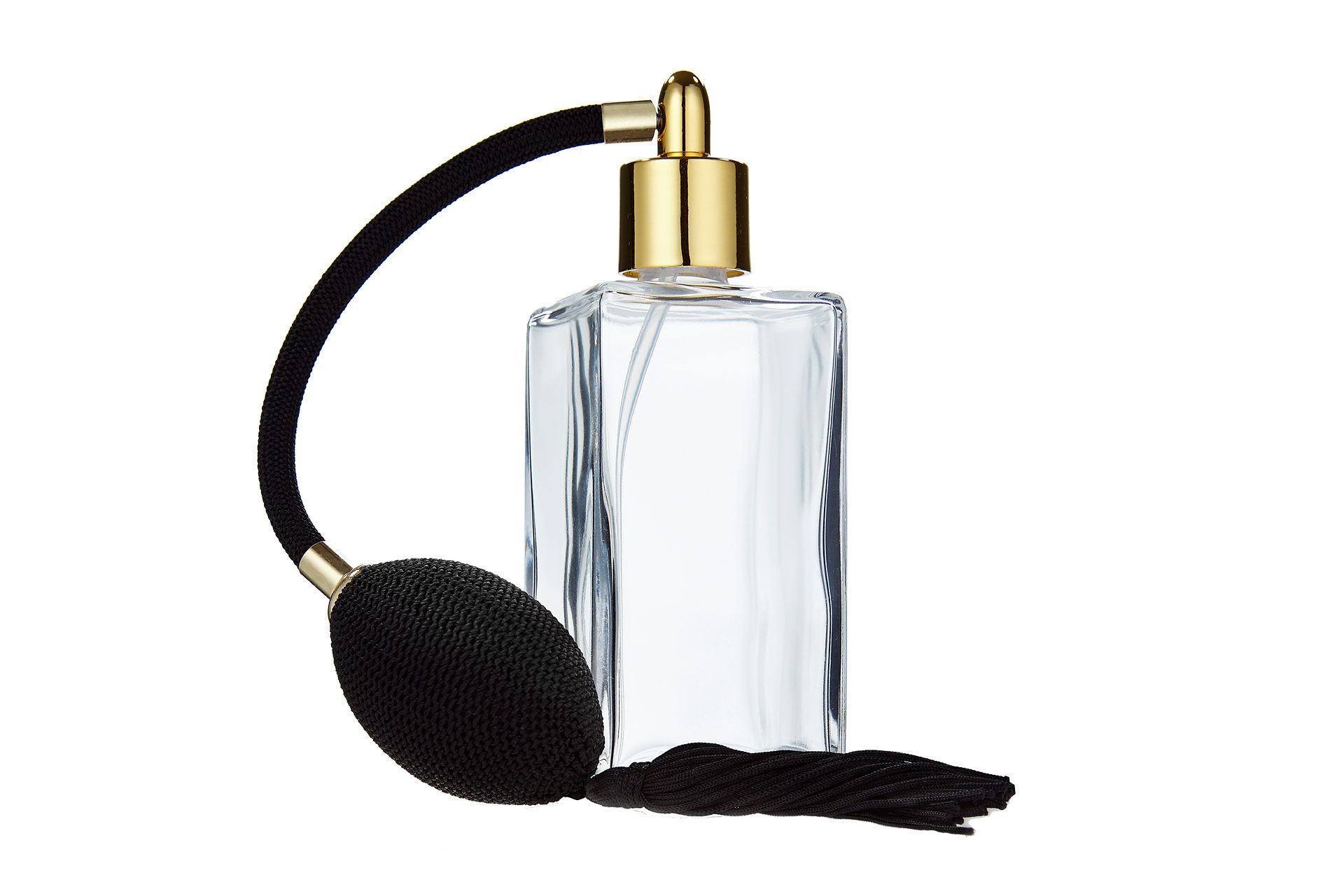 Parfümzerstäuber Tischzerstäuber, Glas eckig, mit Ballpumpe, schwarz-goldfarben
