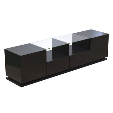 Ulife TV-Schrank Hochglanz Lowboard mit Glasböden, zwei Schubladen und zwei Türen mit mehrfarbigen LED-Lichteffekten, 165*38*43cm