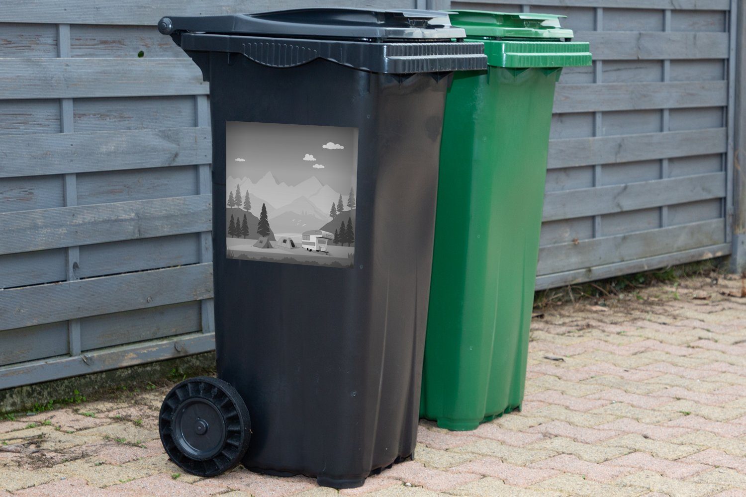 MuchoWow Wandsticker Illustration Sticker, (1 zwischen Wohnmobils Container, Mülleimer-aufkleber, St), eines den Abfalbehälter weiß - schwarz Bergen und Mülltonne