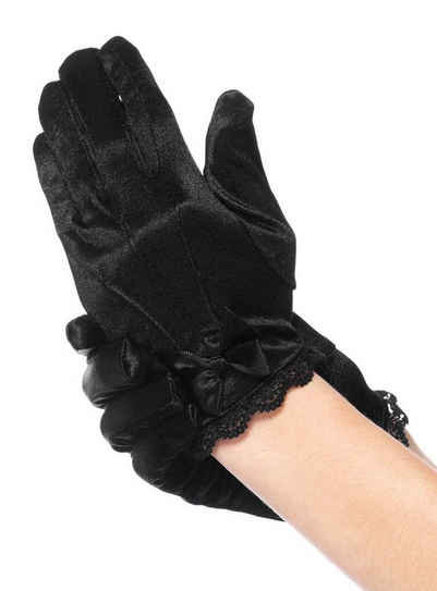 Leg Avenue Kostüm Satin Handschuhe schwarz, Elegante Satin Kinderhandschuhe mit Schleife und Spitze