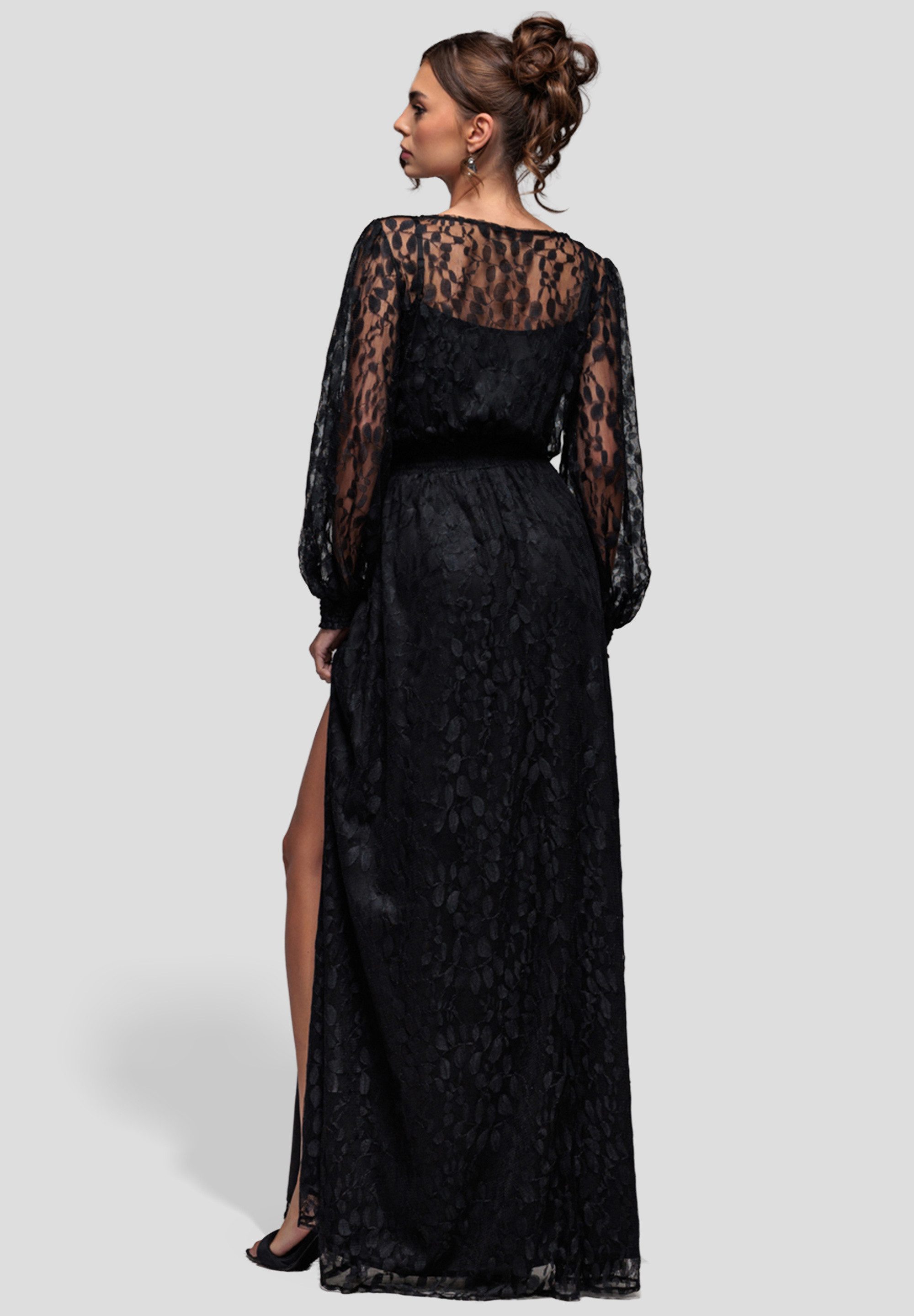 Goddiva Maxikleid Lace Long Sleeve Shirred Waist Maxi Dress Langes Kleid, Bootsausschnitt, lange Ärmel