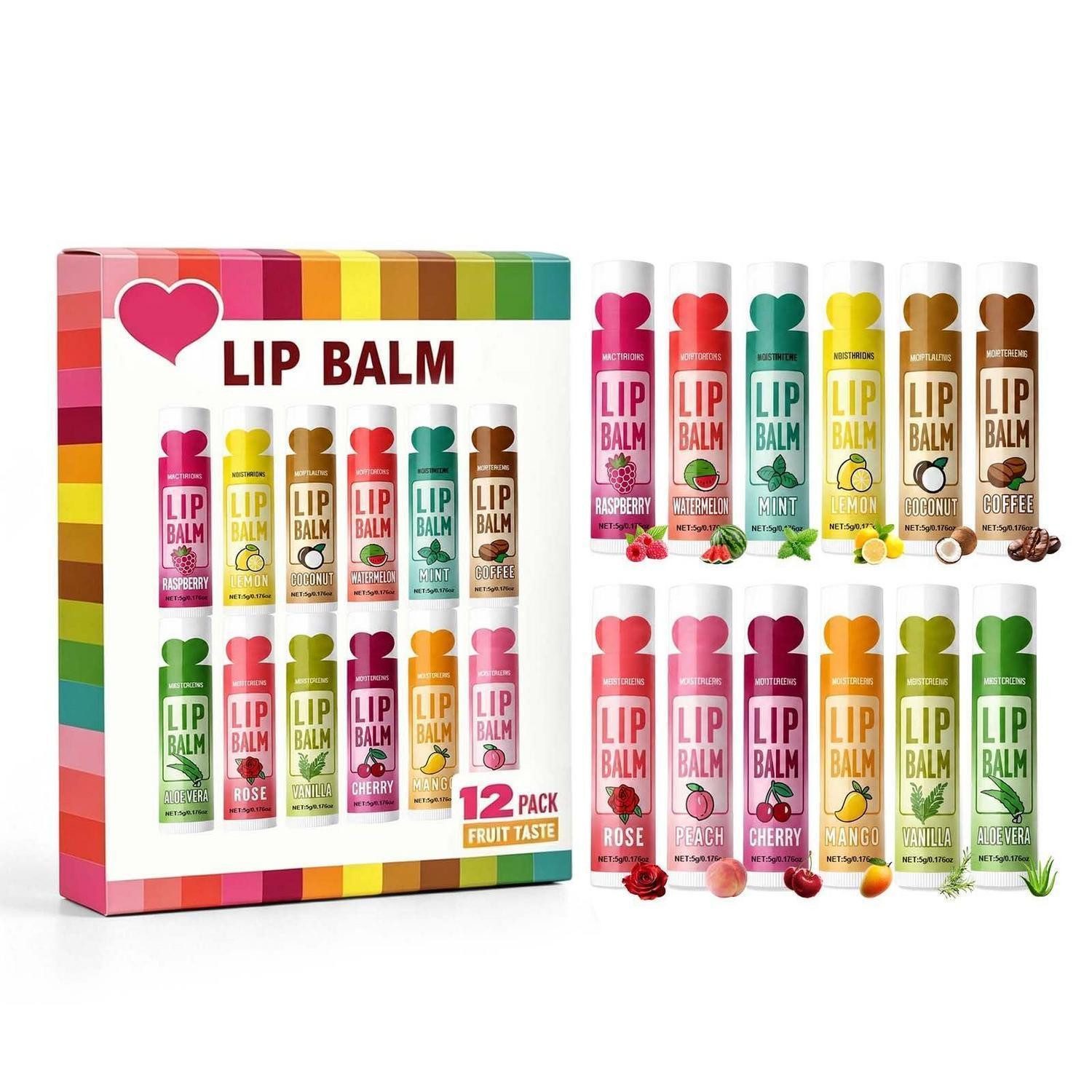LuxusKollektion Lippenpflege-Set Lippenbalsam Set 12er Fruchtig Feuchtigkeitsspendend