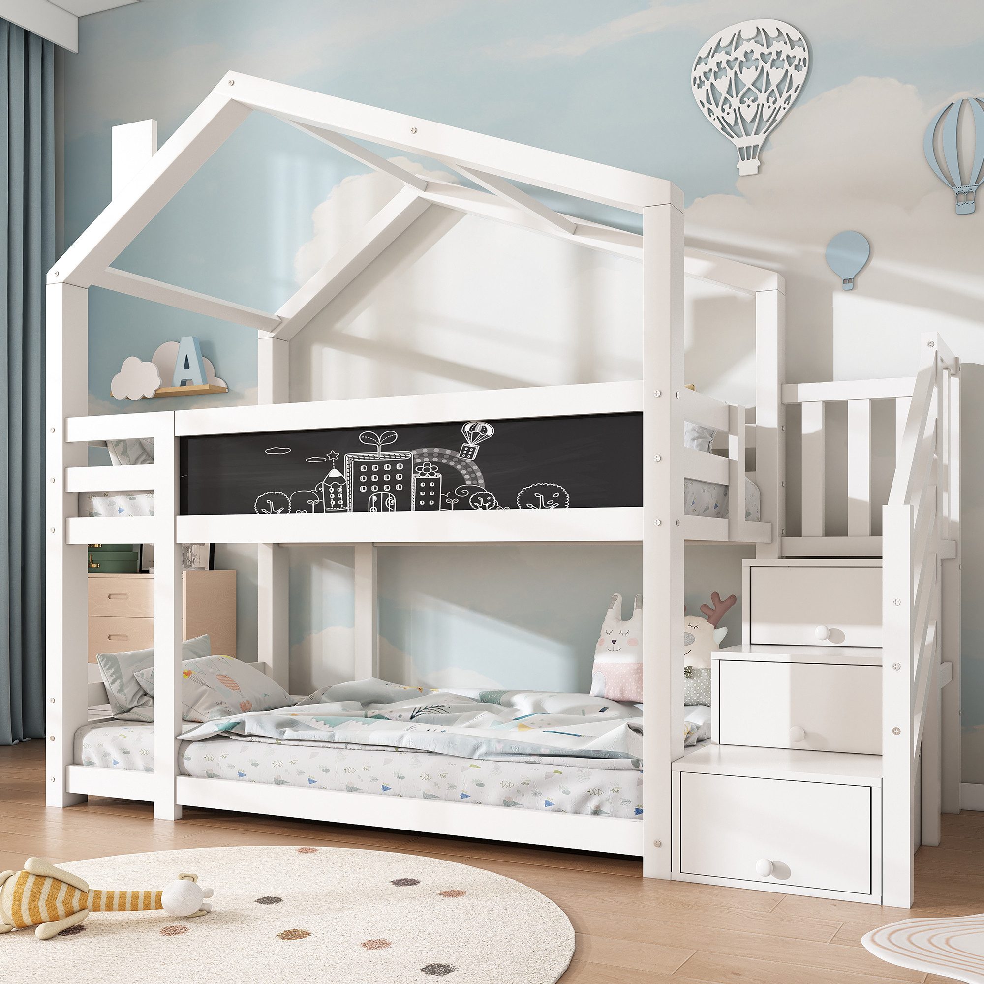 Flieks Etagenbett, Hochbett Hausbett mit Stauraumtreppe und Tafel Kiefer 90x200cm