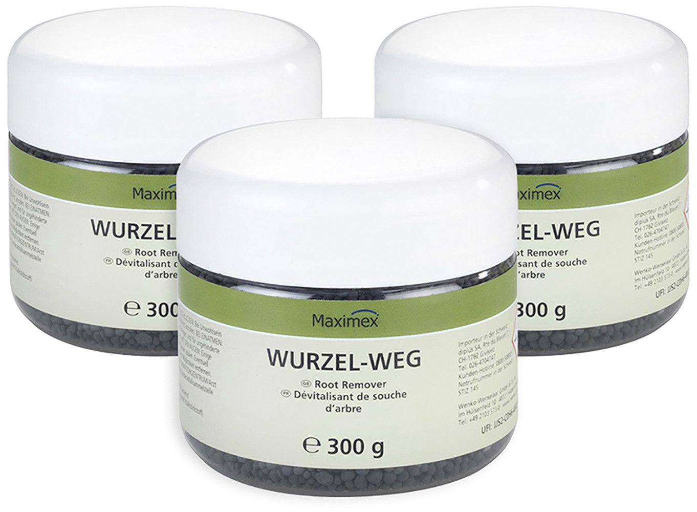 Maximex Unkrautbekämpfungsmittel Wurzel-weg, 300 g, 3 St., Set, Wurzelentferner, beschleunigt Zersetzung von Baumstümpfen und Holz