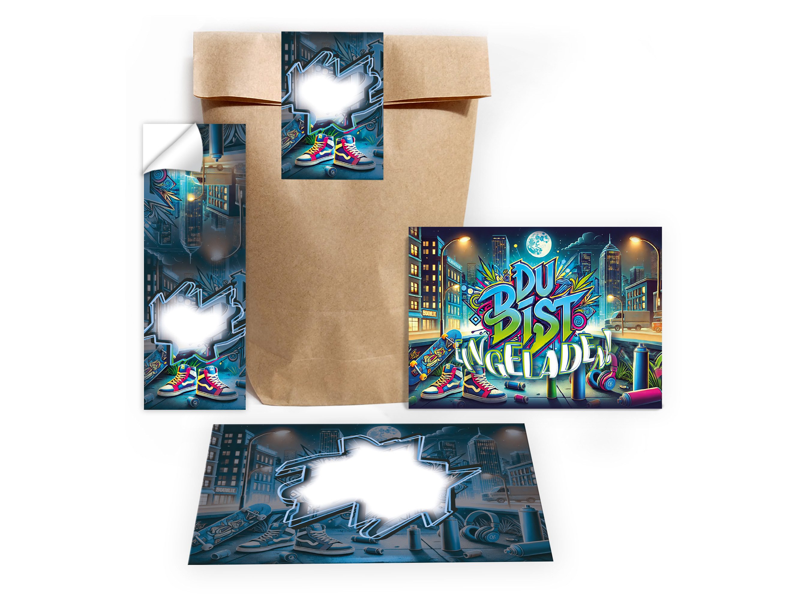 LIMONIA Einladungskarten Graffiti zum Geburtstag Einladungen Karten mit Umschlägen Mitgebsel, Mitgebsel Set mit Graffiti Motiv für Kinder