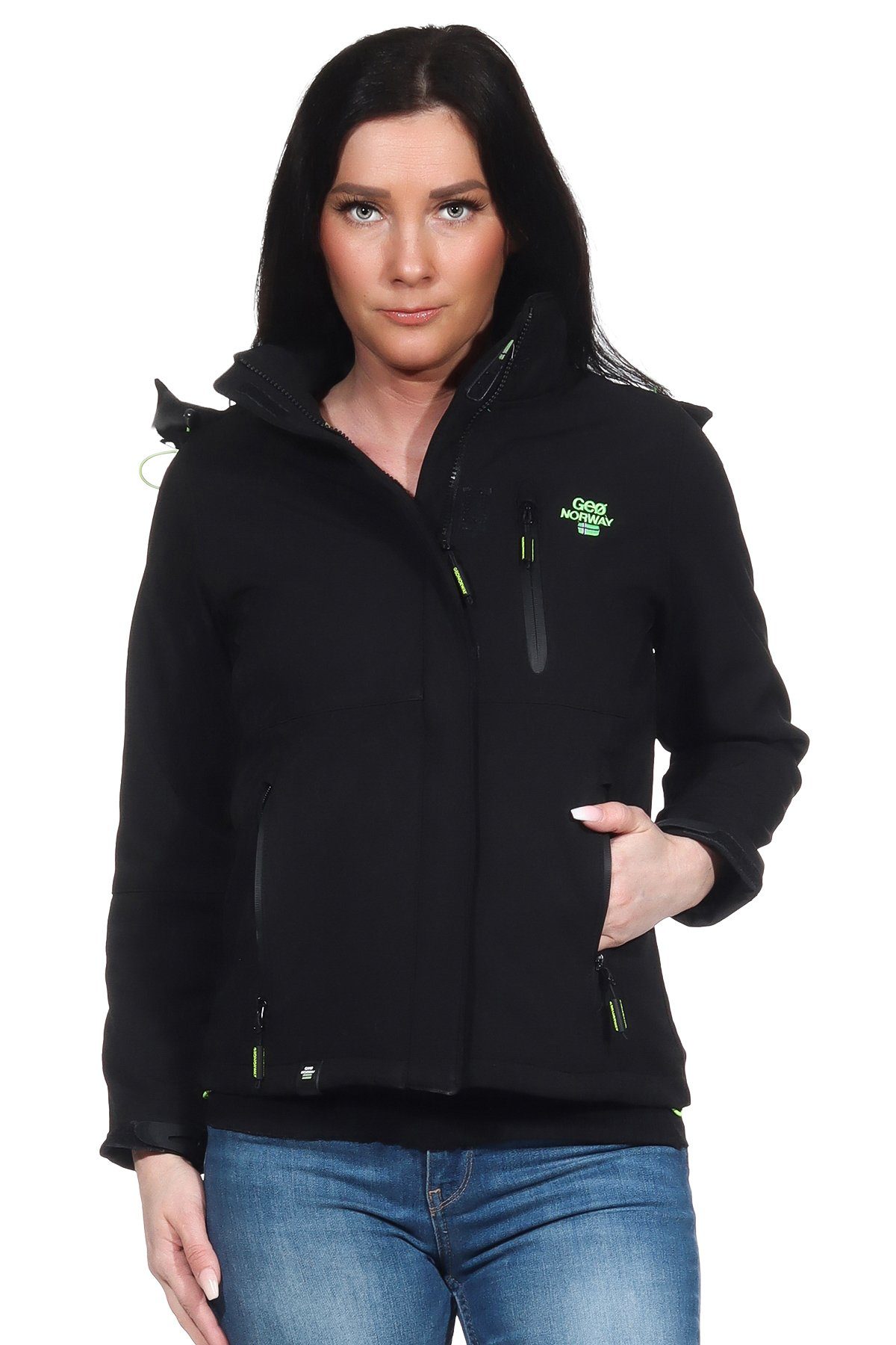 Geographical Norway Softshelljacke Damen Softshell Outdoor Wander Trekking Jacke in Unifarbe, mit abnehmbarer Kapuze, mit Stehkragen