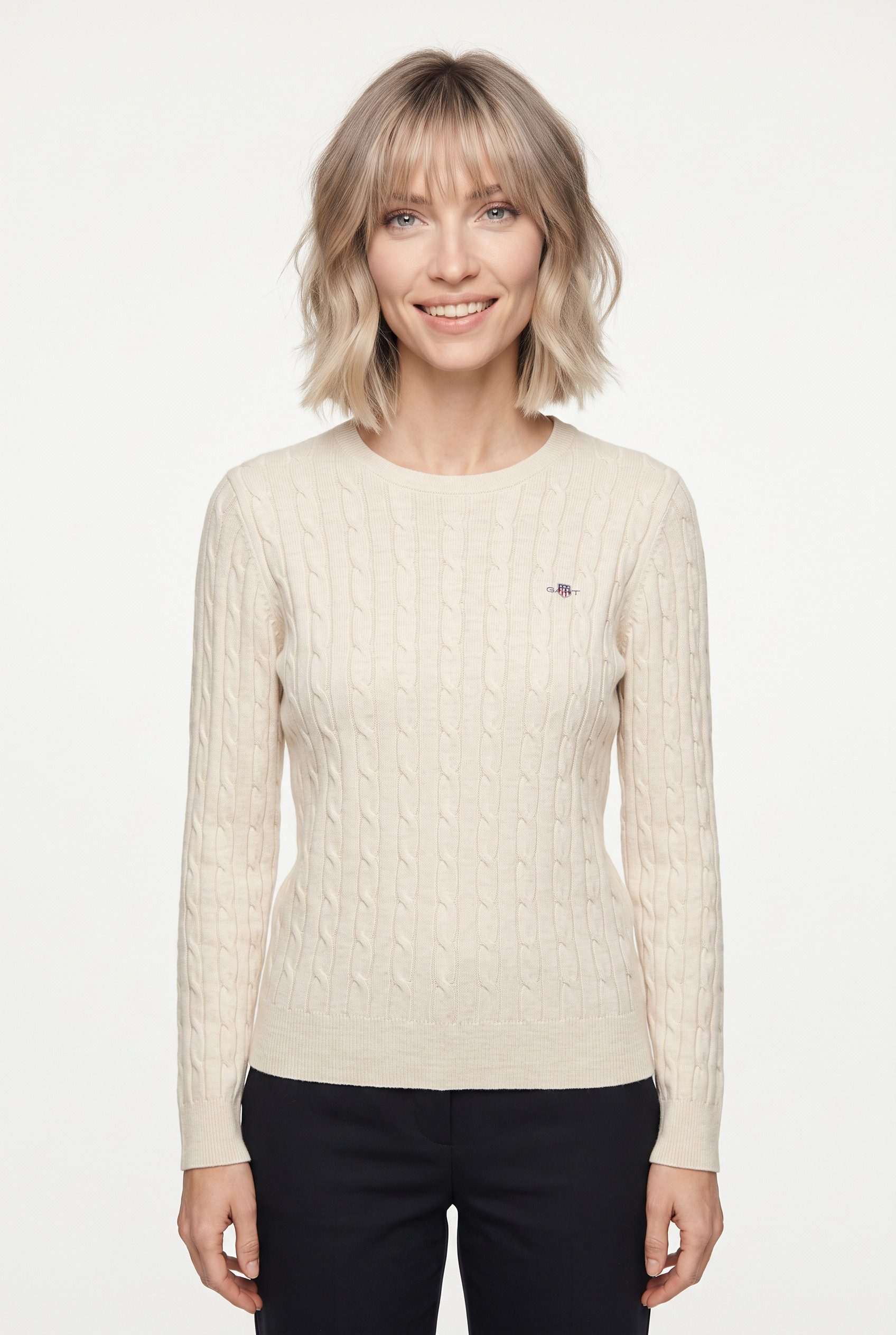 Gant Strickpullover STRETCH COTTON CABLE C-NECK mit Logostickerei auf der Brust