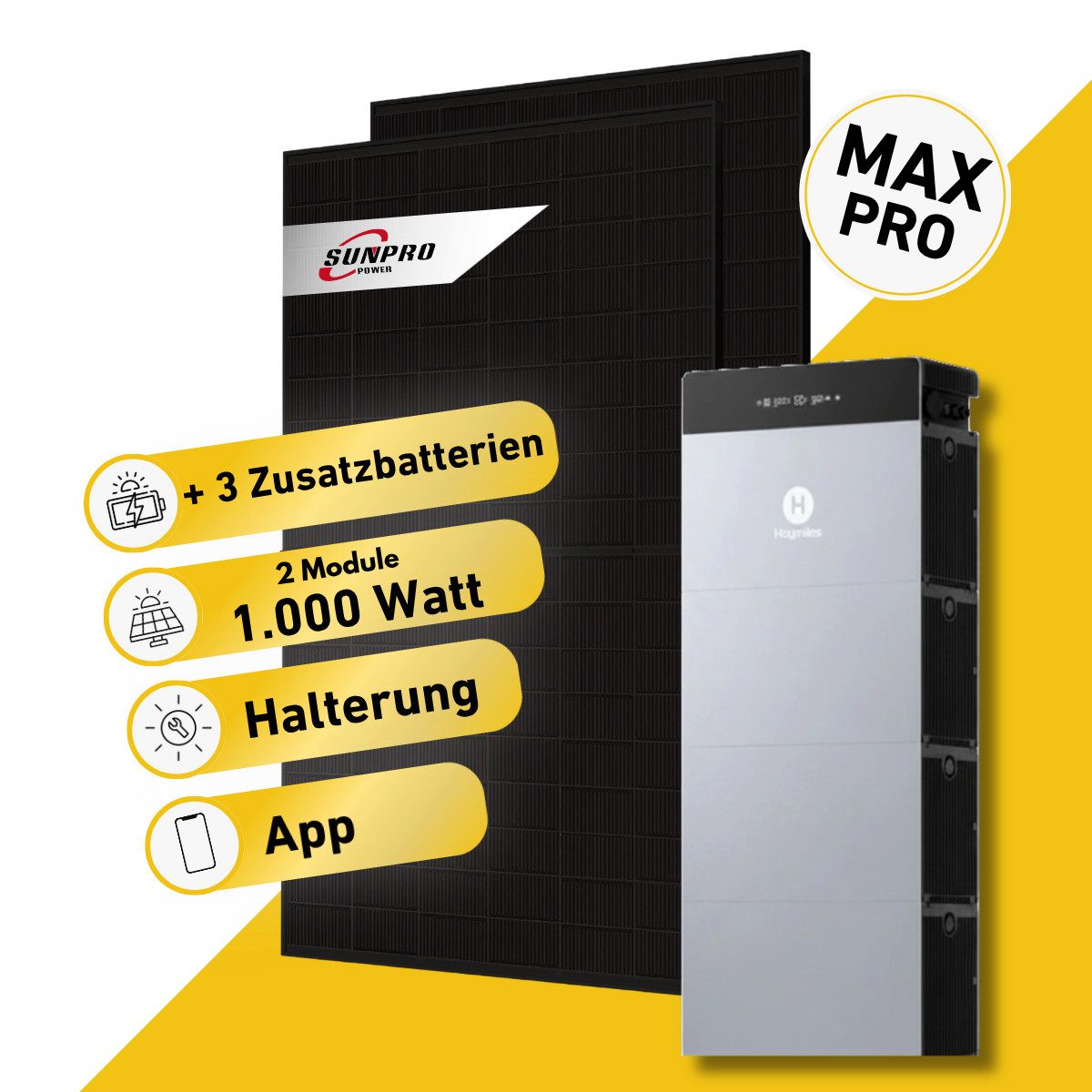Balkonstrom Balkonkraftwerk MAX Pro 1000 Watt Solaranlage mit Speicher Komplettset Bifazial, 1000 W, Monokristallin, (2x Sunpro Solarmodul á 500 Watt, 1x Hoymiles HiBattery 4020 X, 1-3 Zusatzspeicher HB-4020-S), Halterung für Dach, Fassade, Balkon & Garten, App & Plug&Play DE