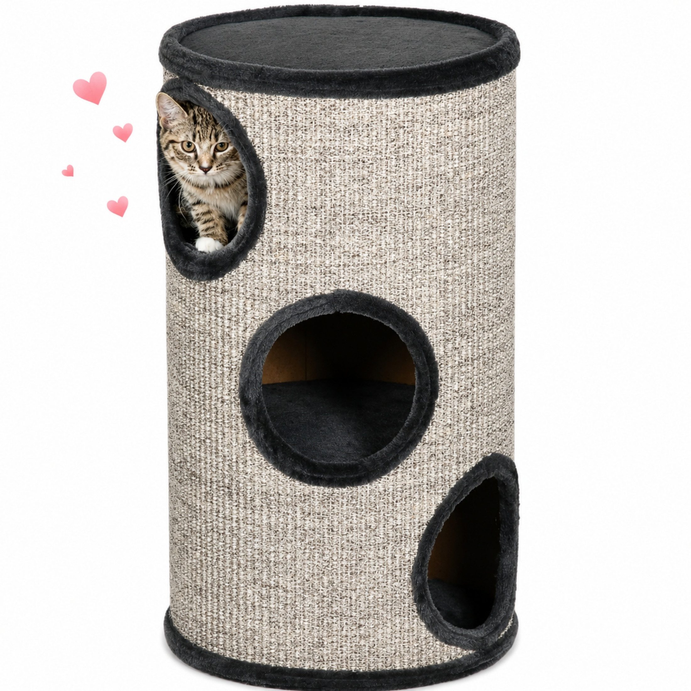 Blossom Kratztonne Kratztonne für Katzen mit 3 Ebenen, Sisal-Kratzflächen und Plüsch, (38×38×70 cm, Grau), Katzentoilette Tier-Intelligenzspielzeug mit Katzenhöhle