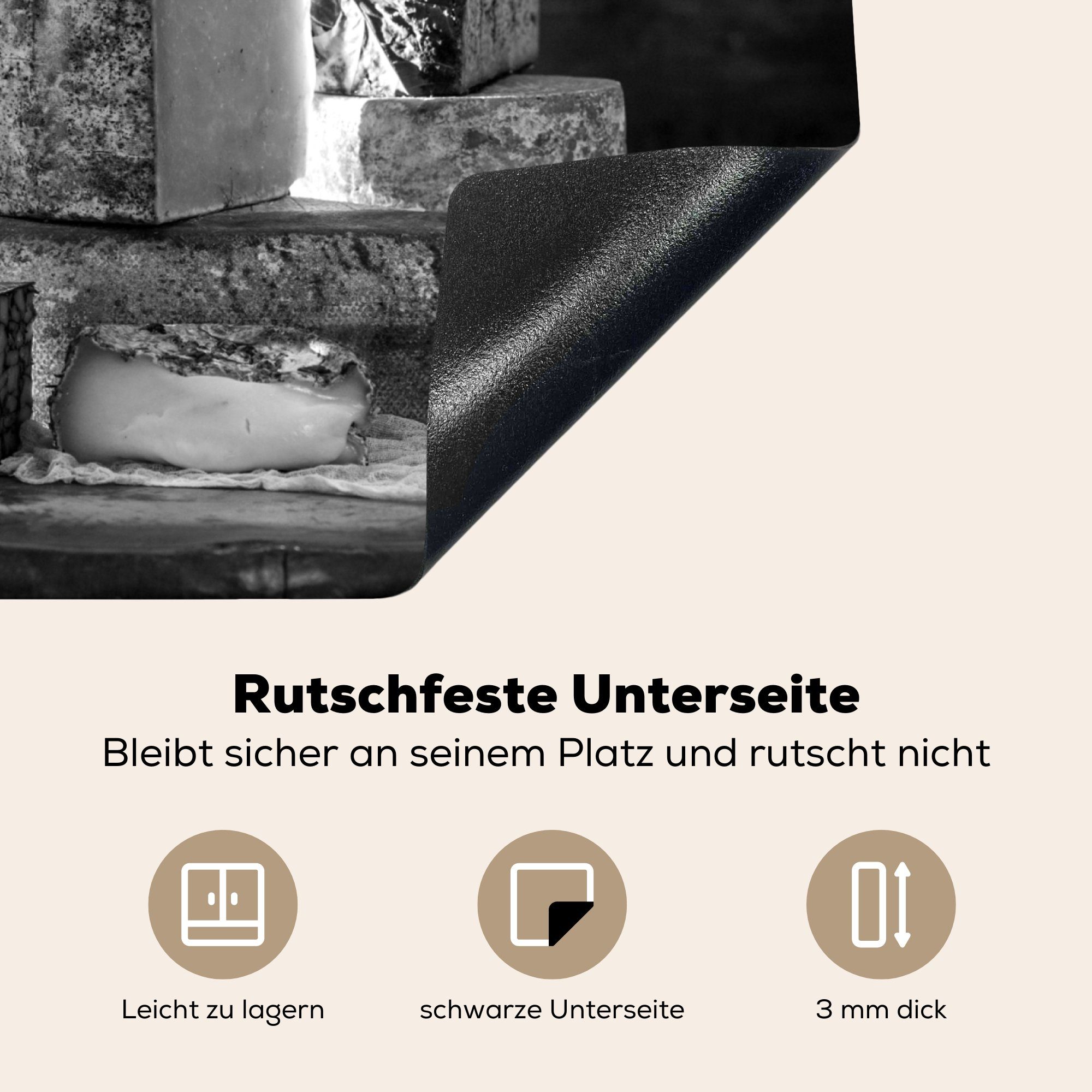 MuchoWow Herdblende-/Abdeckplatte Käsestapel - schwarz Vinyl, nutzbar, und tlg), cm, Ceranfeldabdeckung weiß, 60x52 Arbeitsfläche Mobile (1