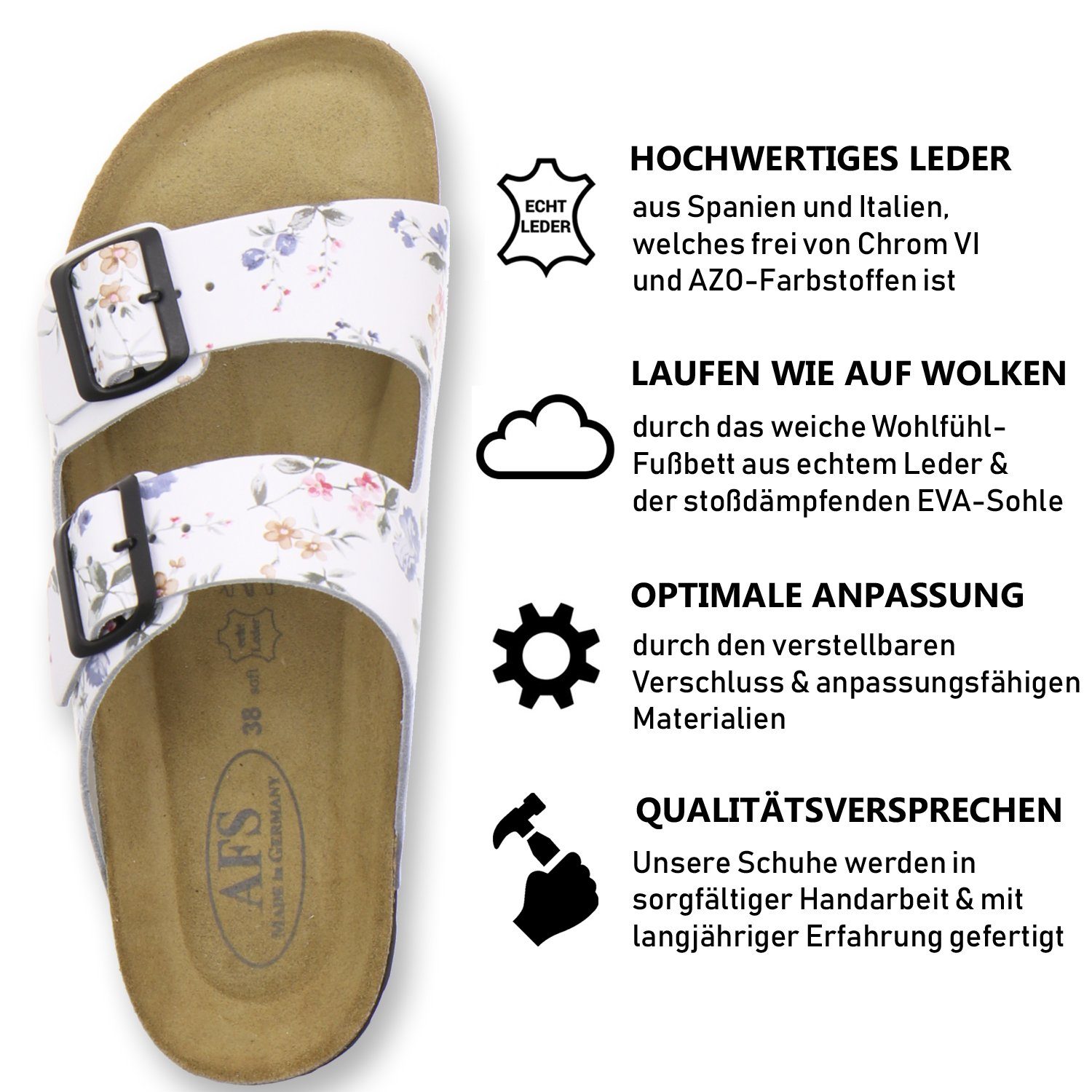 aus mit Damen 2100 Fussbett, weiß-flower AFS-Schuhe Germany Leder Pantolette in für Made