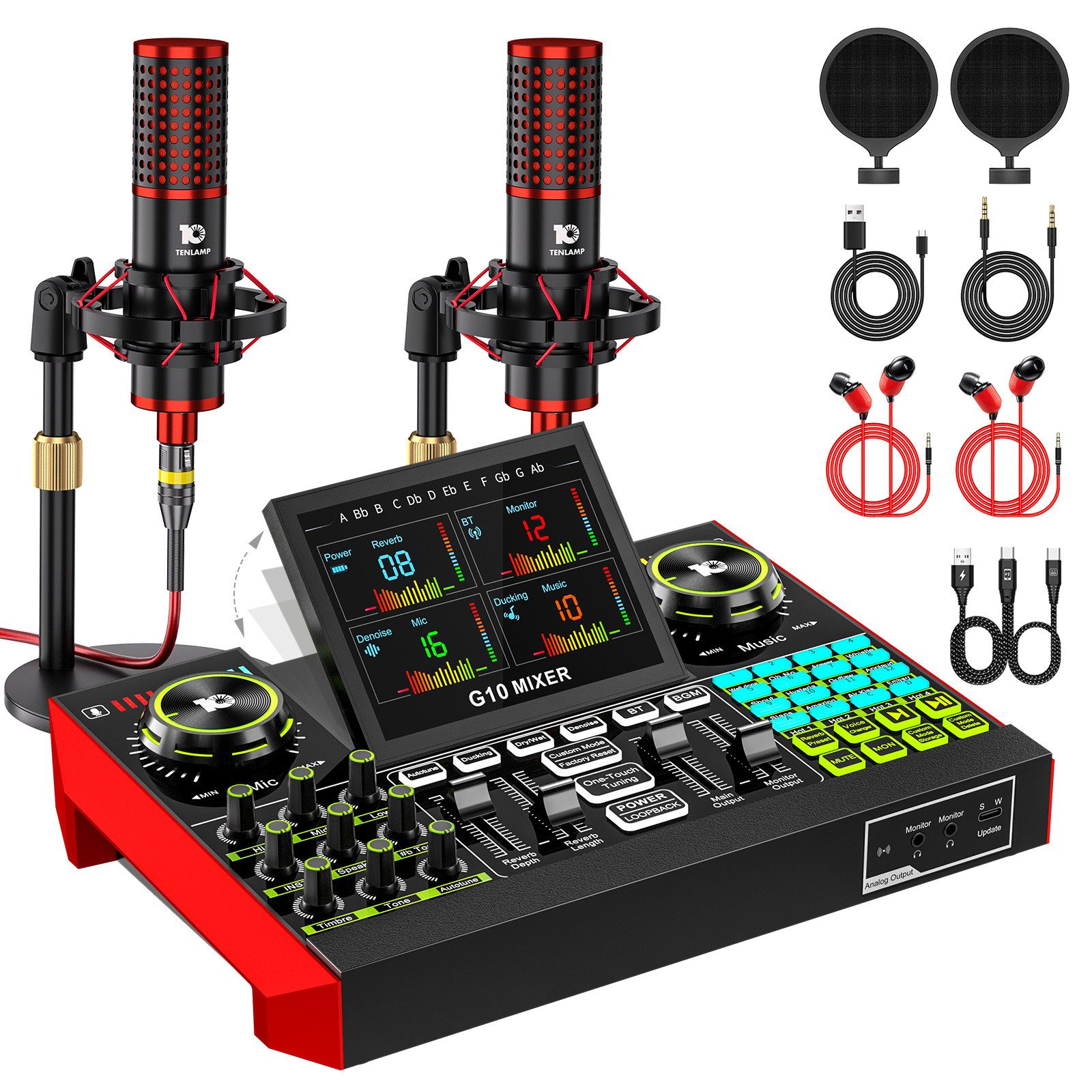 home trends Tenlamp G10 Zehn Lampen Podcast- & Streaming-Set mit Mixer Soundkarte 7.1 Surround, USB-Plug-and-Play, Display, Stimmwechsel, Aufnahme, Hall