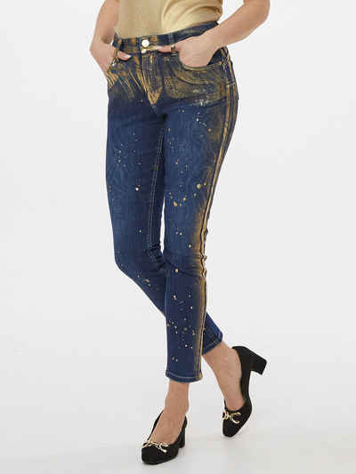 Sarah Kern Slim-fit-Jeans Strech-Hose Figurumspielend mit allover Paintingeffekten in gold- Metallicfarben