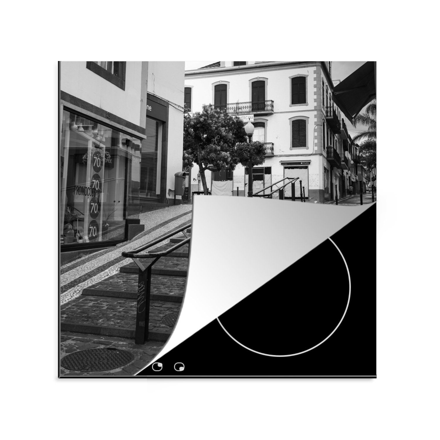 MuchoWow Herdblende-/Abdeckplatte Treppe - - Weiß Arbeitsplatte Schwarz 78x78 Ceranfeldabdeckung, tlg), Vinyl, (1 Madeira, für cm, küche 